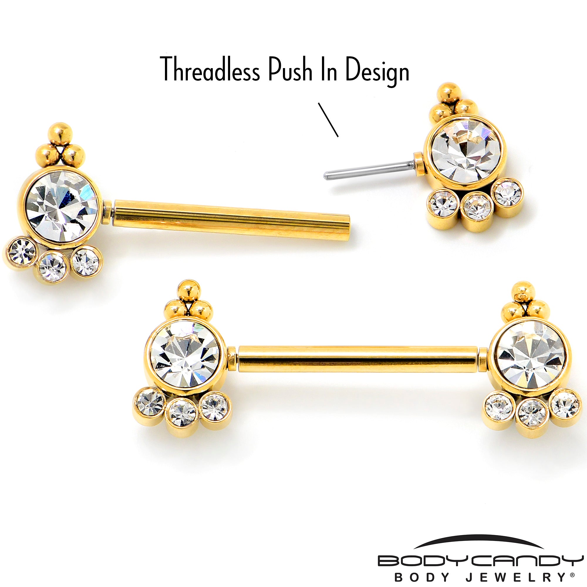 14G 9/16 Clear CZ Gem Gold Tone Style Threadless Nipple Ring Set