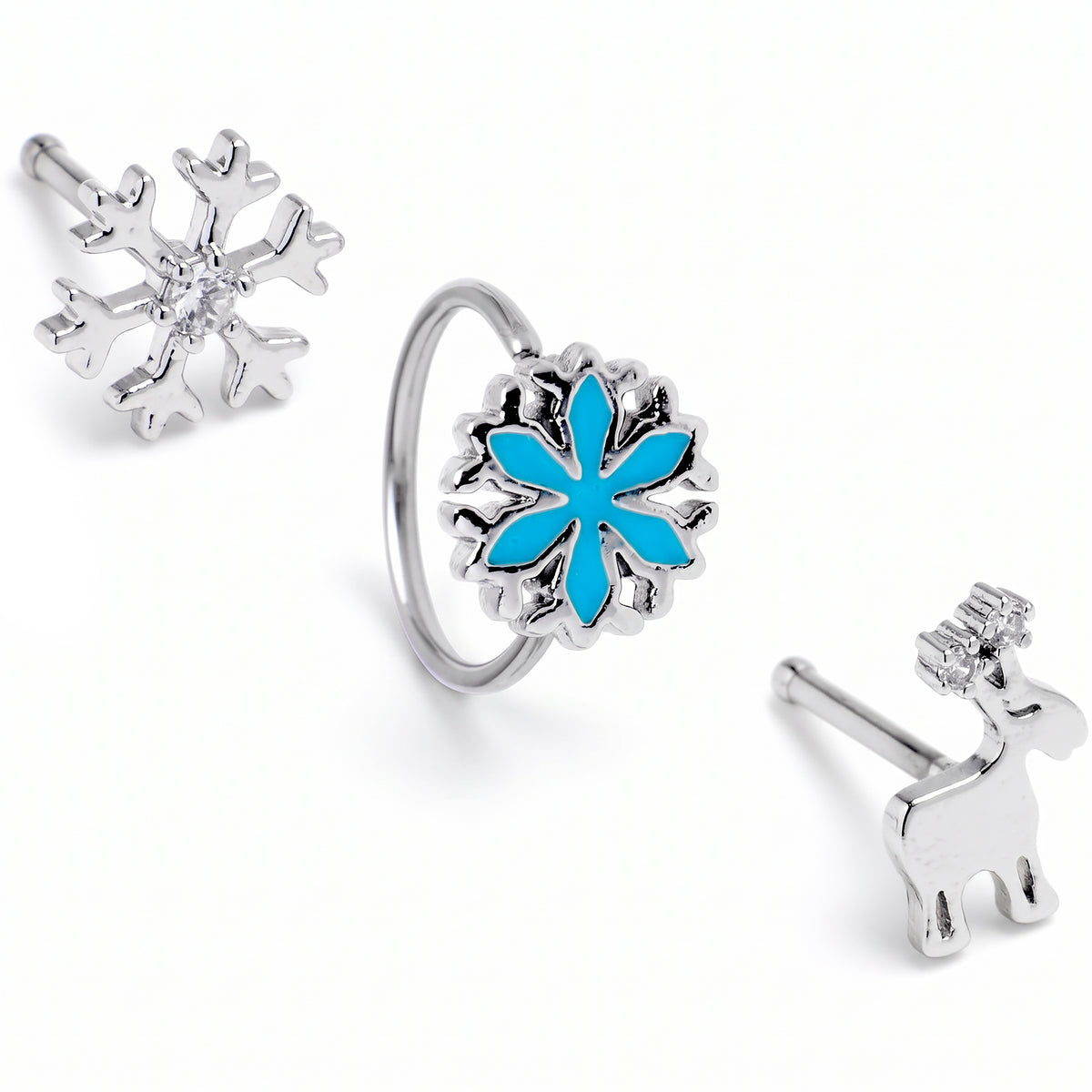20G 1/4 Clear Gem Holiday Snowflakes Blue Nose Bone Hoop Set of 3