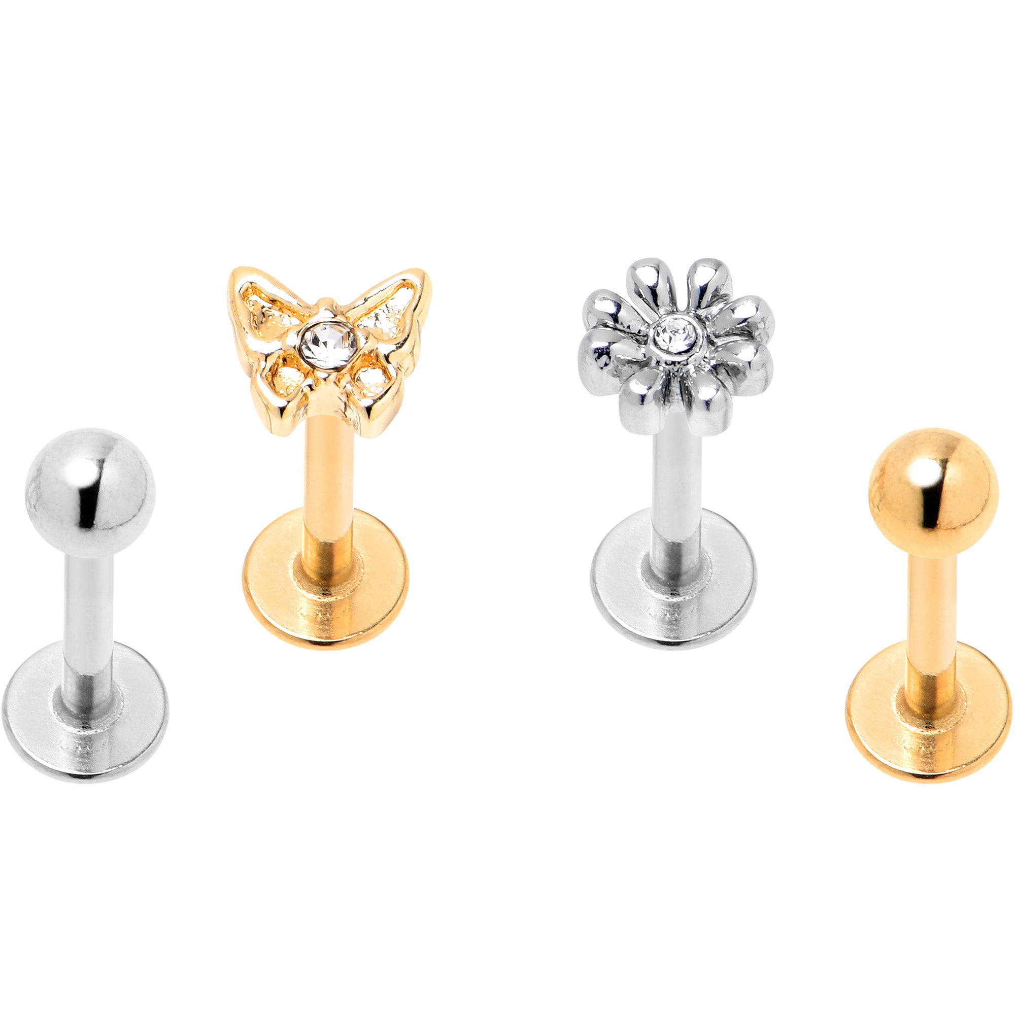16G 5/16 Clear Gem Gold Tone Flower Butterfly Labret Set of 4