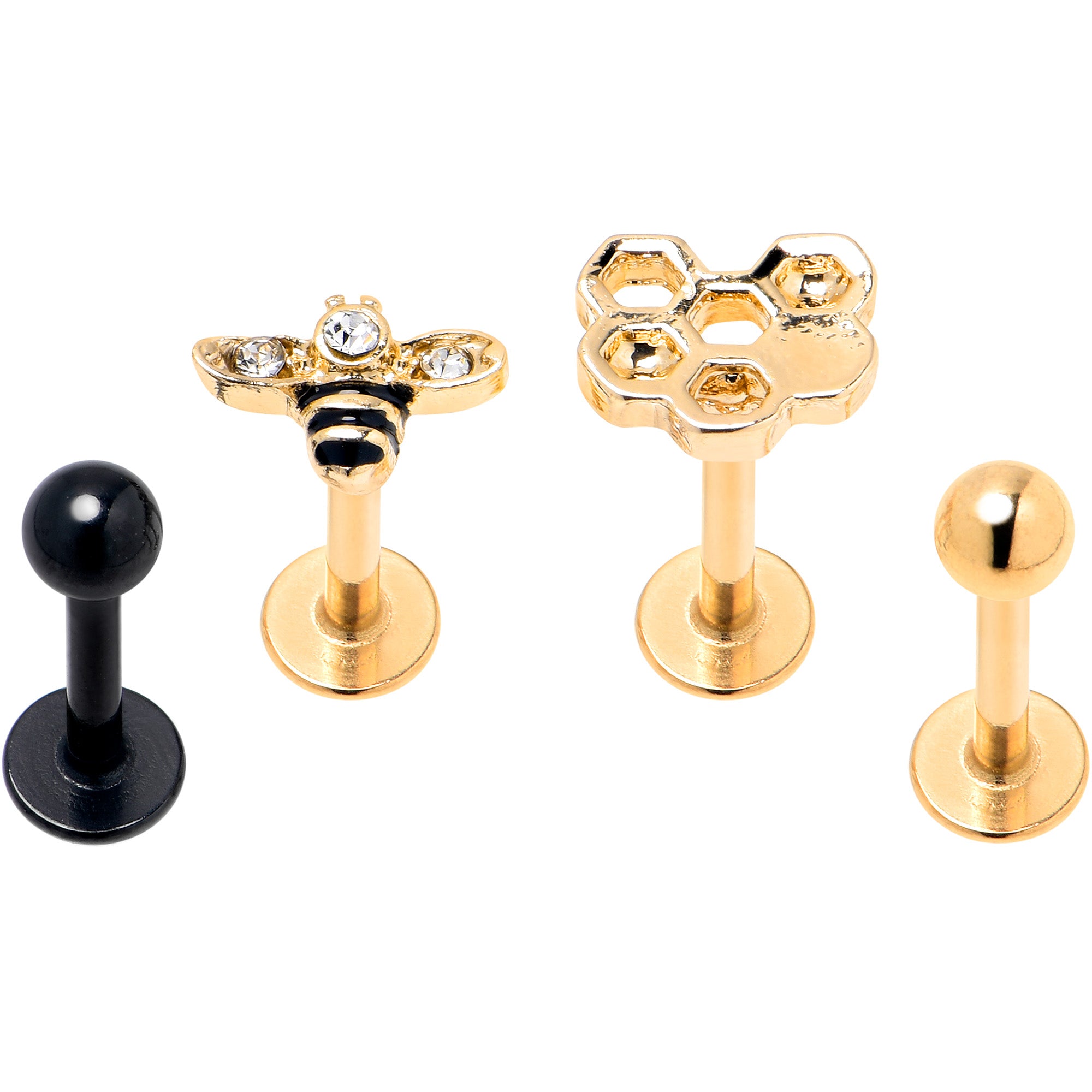 16G 5/16 Clear Gem Gold Tone Bee Honeycomb Black Labret Set of 4