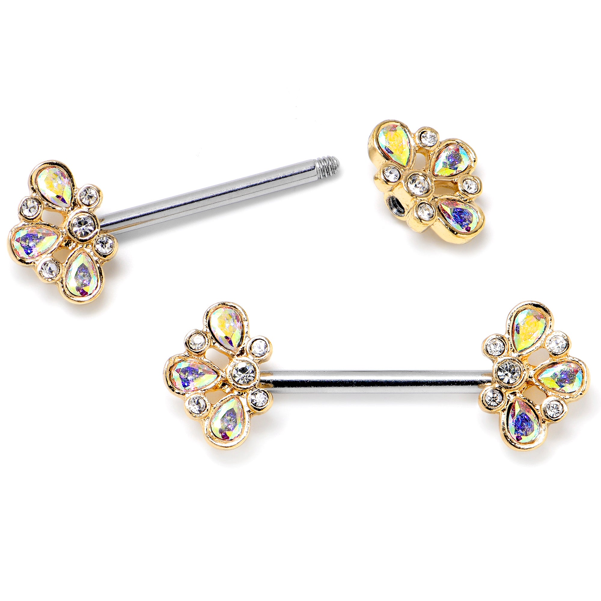 14 Gauge 9/16 Aurora Gem Golden Crown Deluxe Barbell Nipple Ring Set