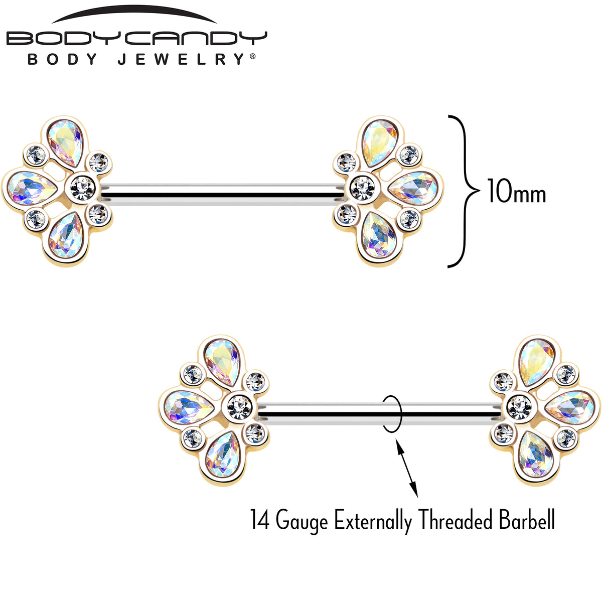 14G 9/16 Aurora Gem Golden Crown Deluxe Barbell Nipple Ring Set