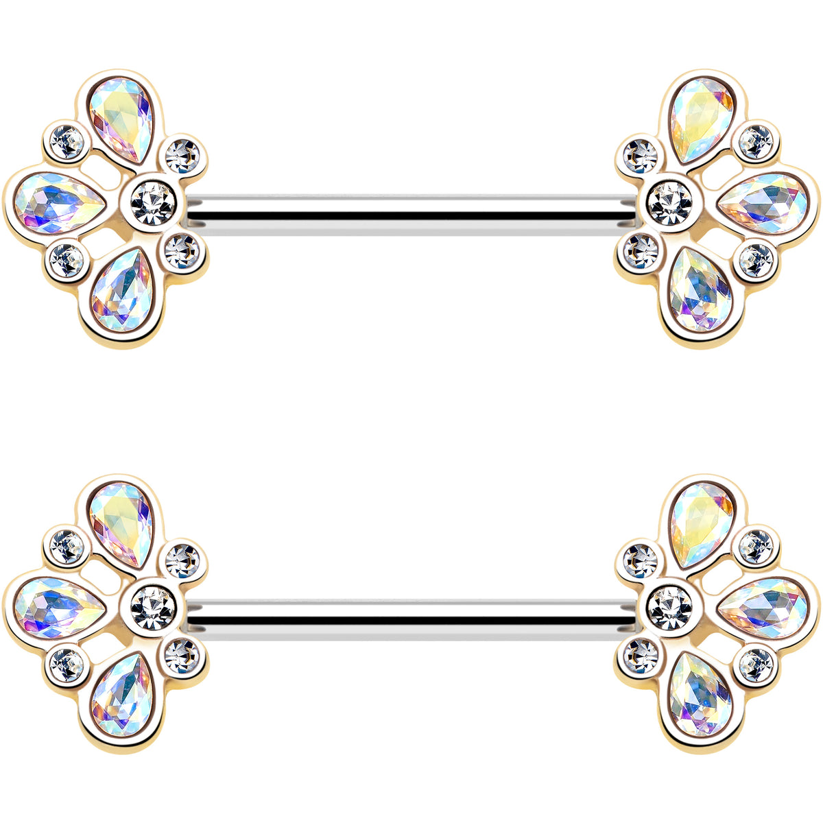 14G 9/16 Aurora Gem Golden Crown Deluxe Barbell Nipple Ring Set