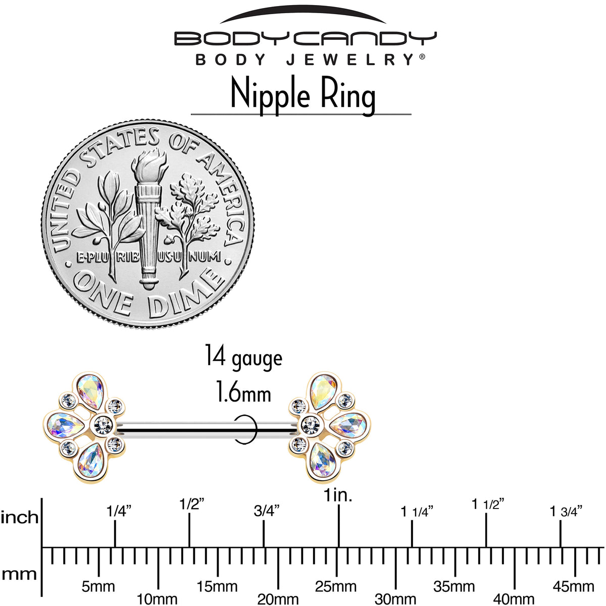 14G 9/16 Aurora Gem Golden Crown Deluxe Barbell Nipple Ring Set
