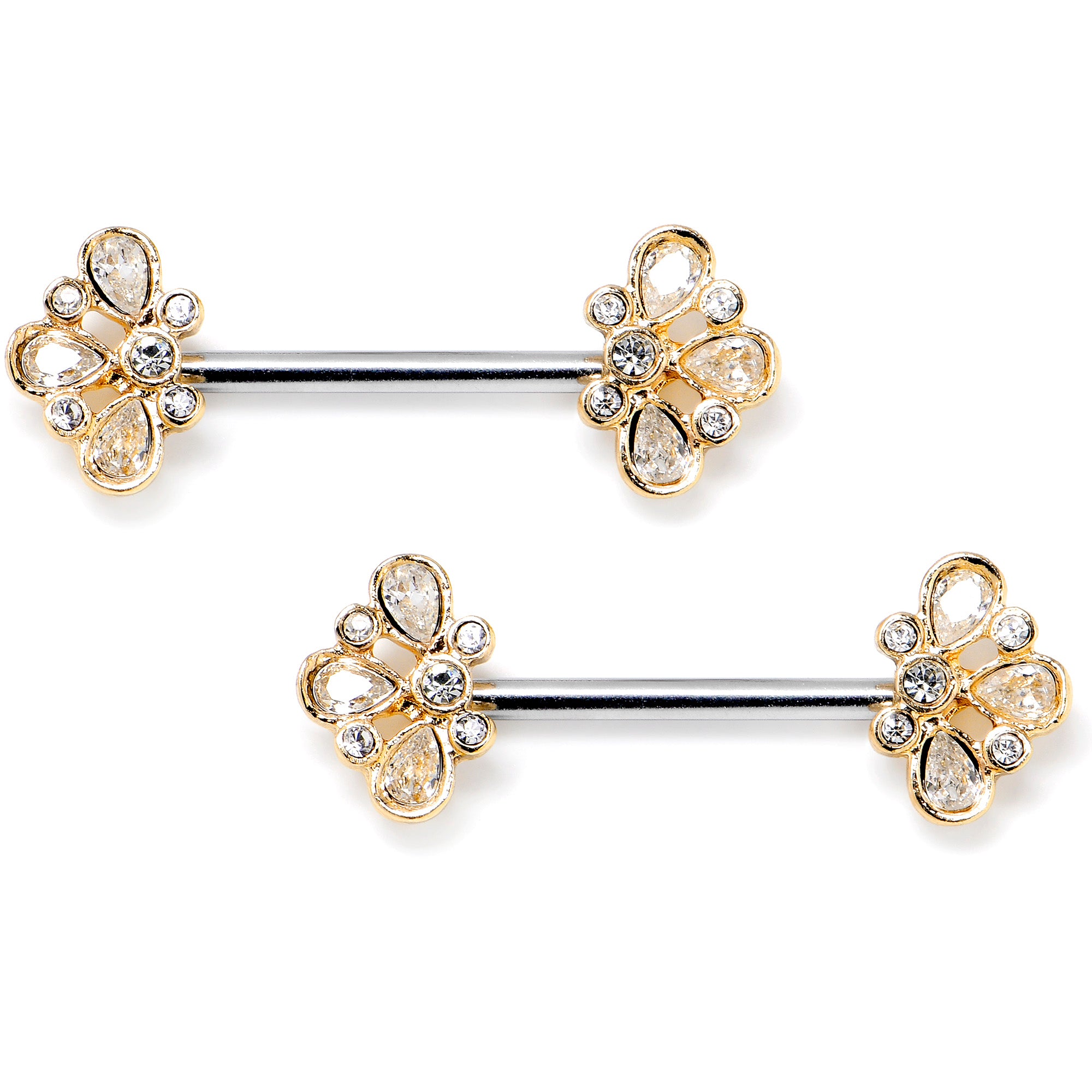 14G 9/16 Clear Gem Golden Crown Deluxe Barbell Nipple Ring Set