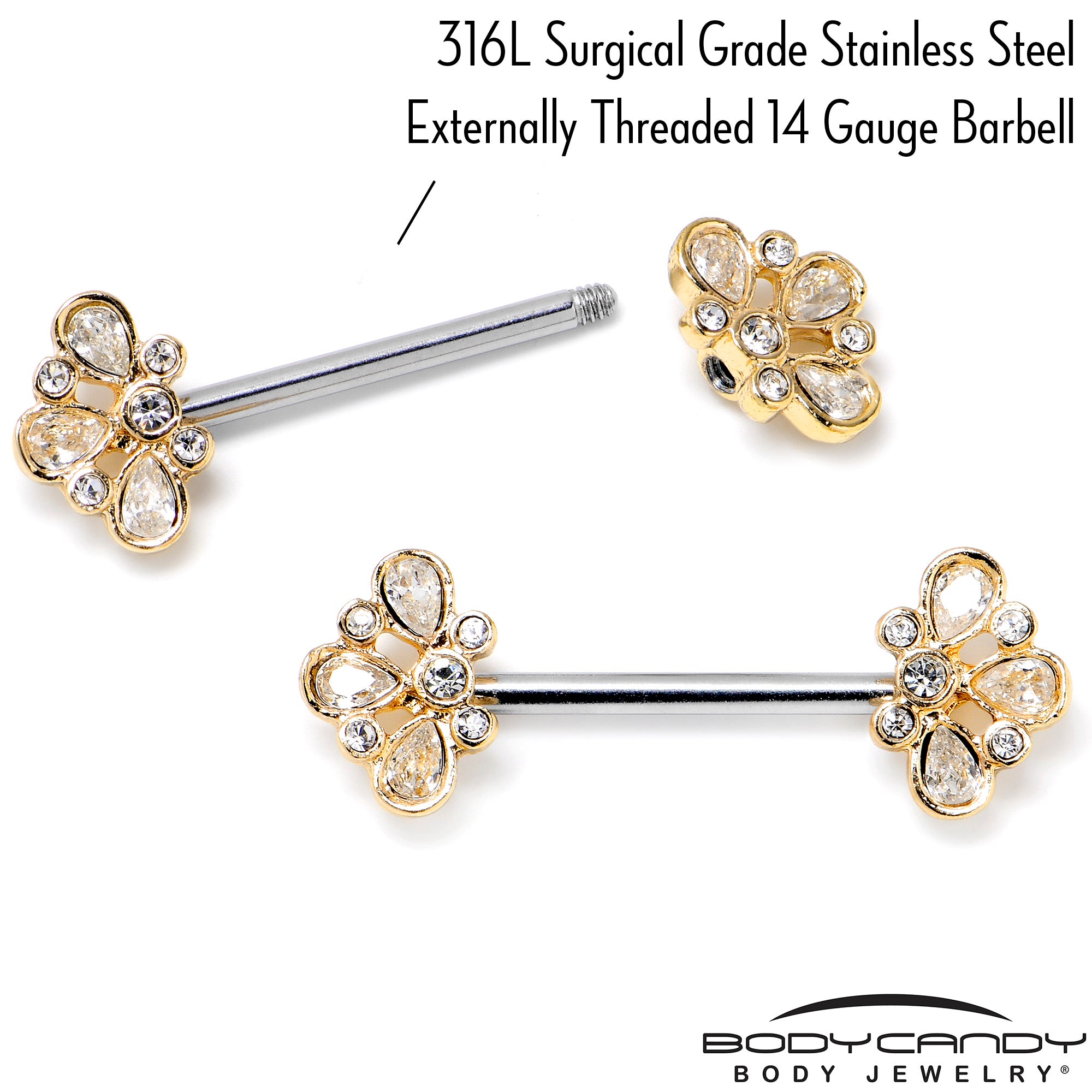 14G 9/16 Clear Gem Golden Crown Deluxe Barbell Nipple Ring Set