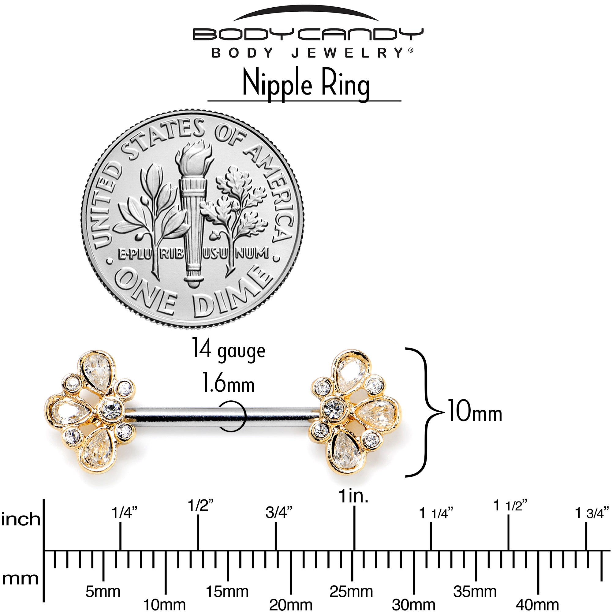 14G 9/16 Clear Gem Golden Crown Deluxe Barbell Nipple Ring Set