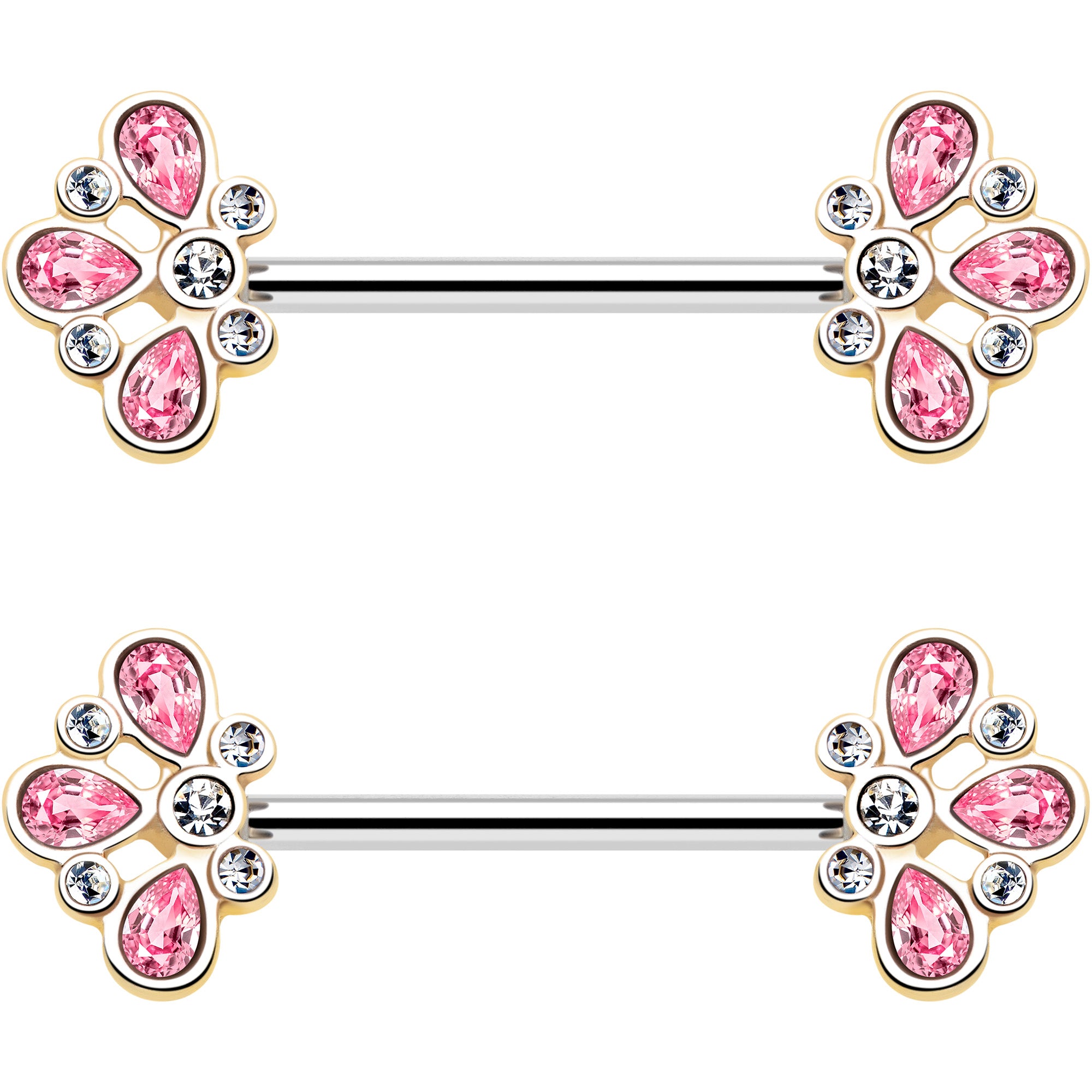 14G 9/16 Pink Gem Filigree Flower Fantasy Barbell Nipple Ring Set