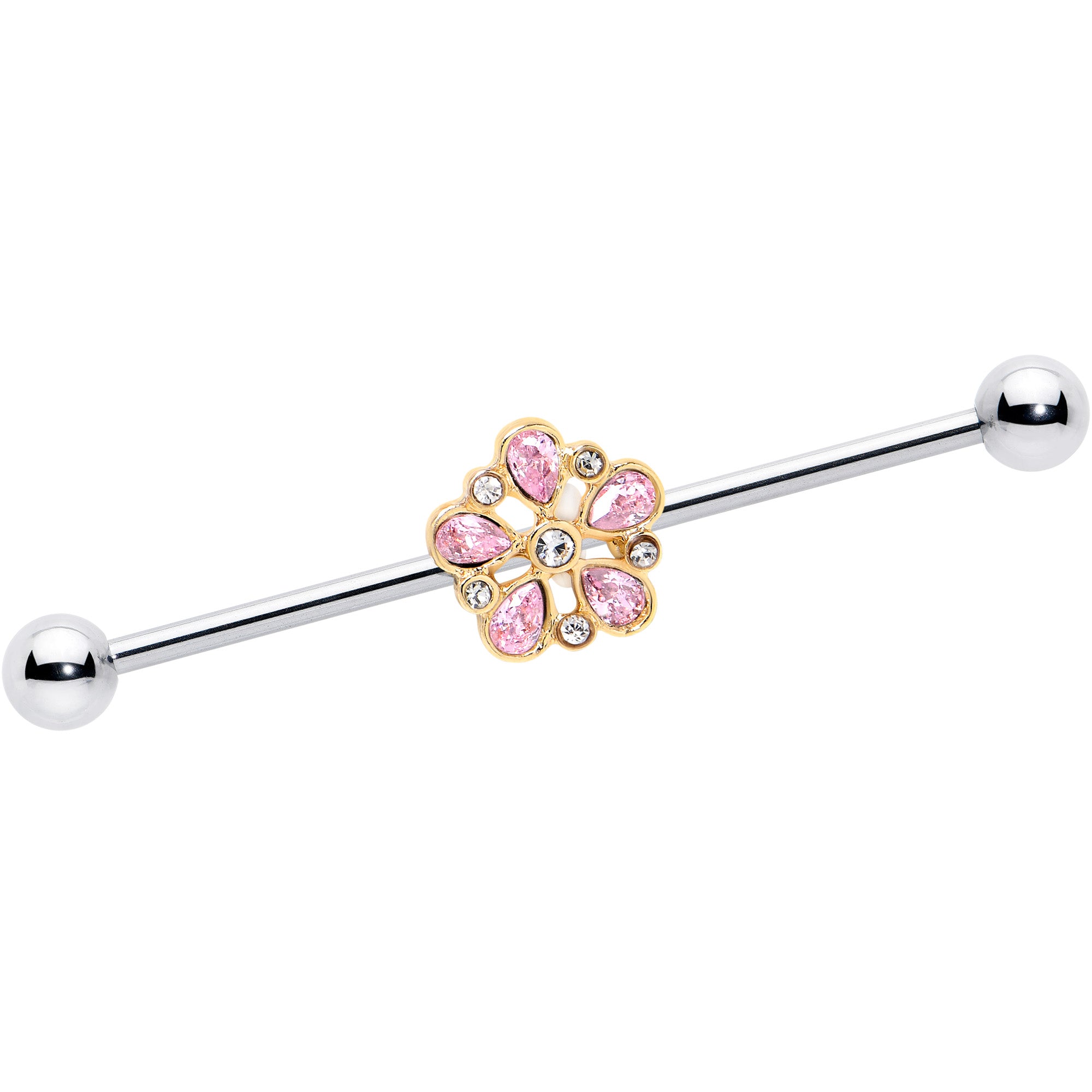 14G Pink Gem Filigree Flower Fantasy Industrial Barbell 38mm