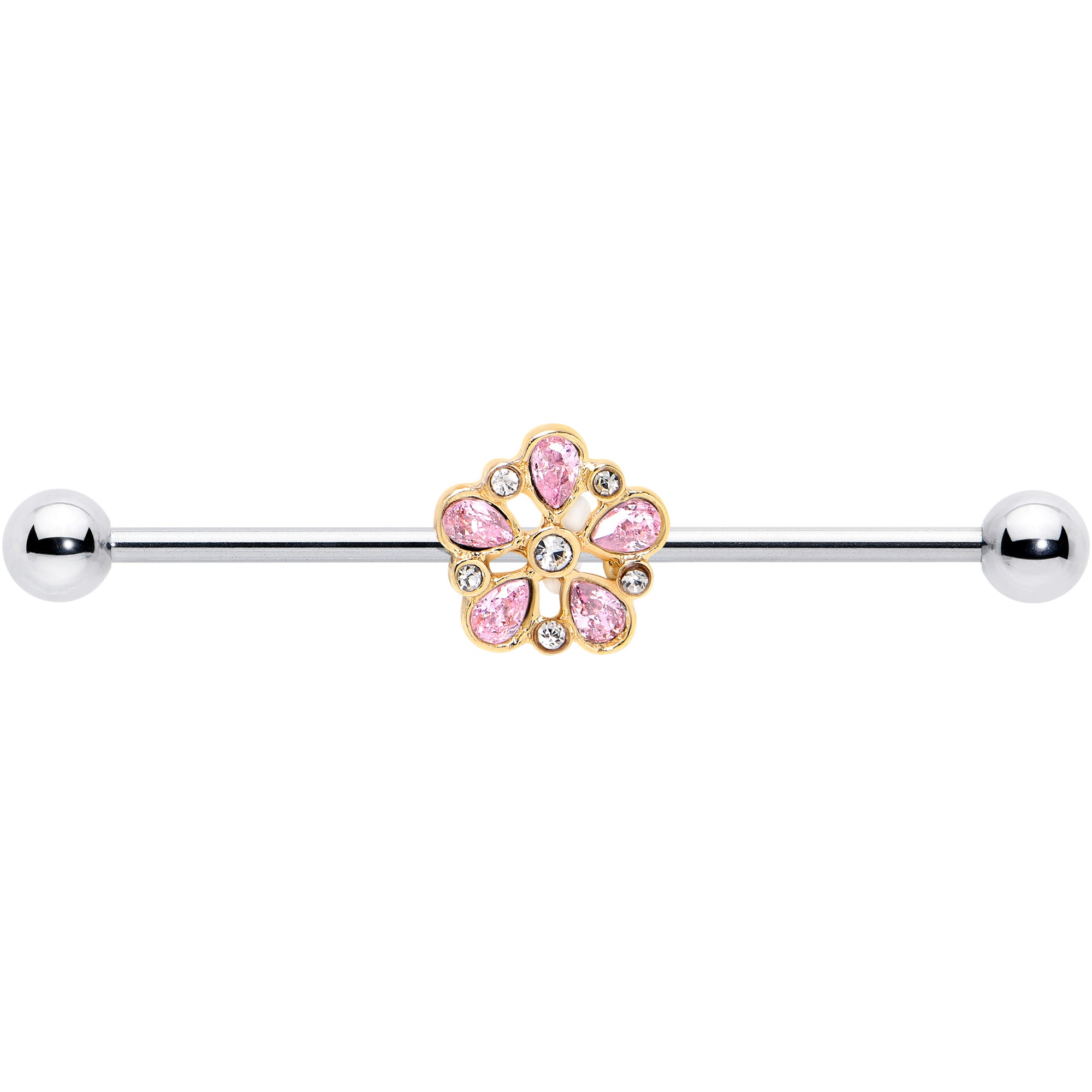 14G Pink Gem Filigree Flower Fantasy Industrial Barbell 38mm