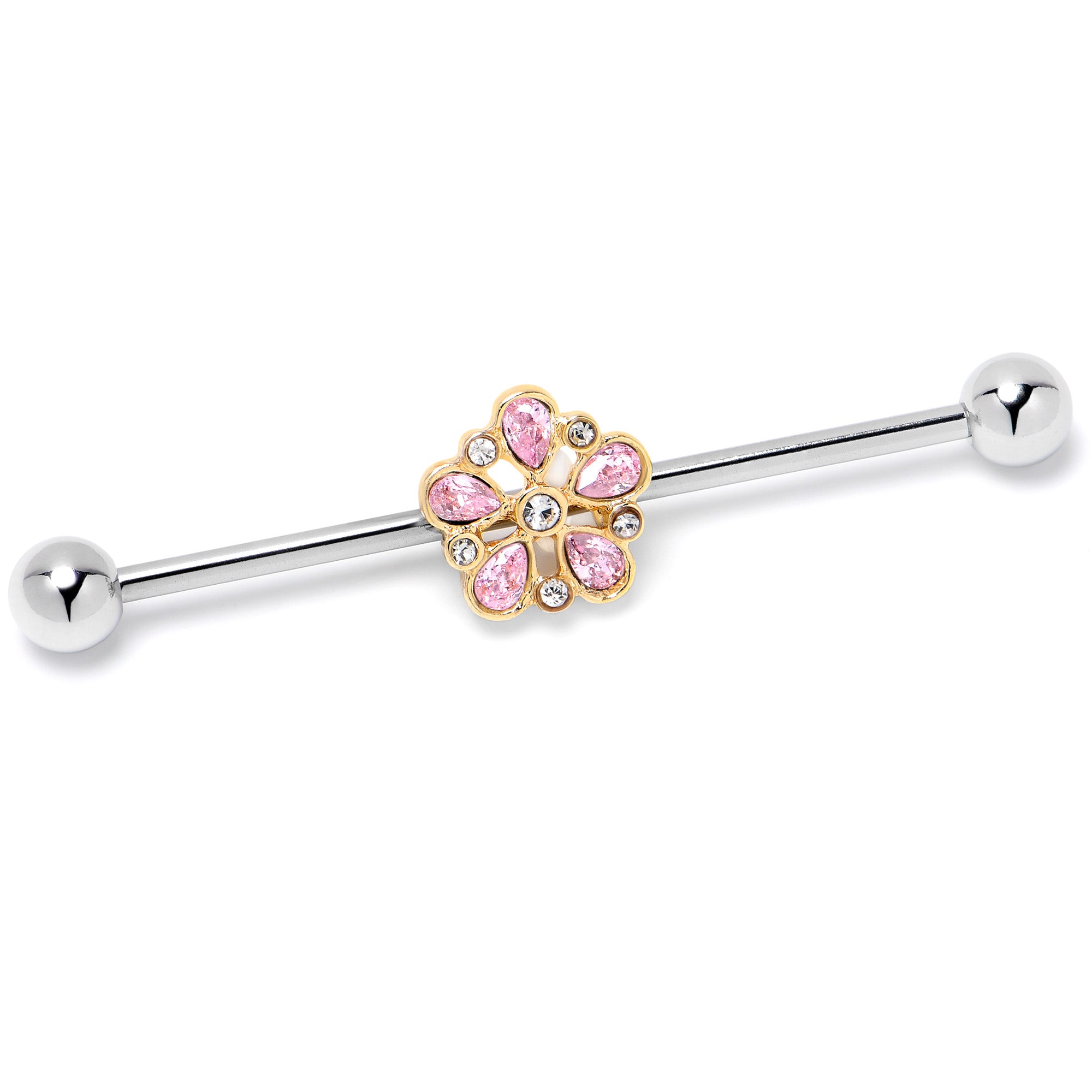 14G Pink Gem Filigree Flower Fantasy Industrial Barbell 38mm