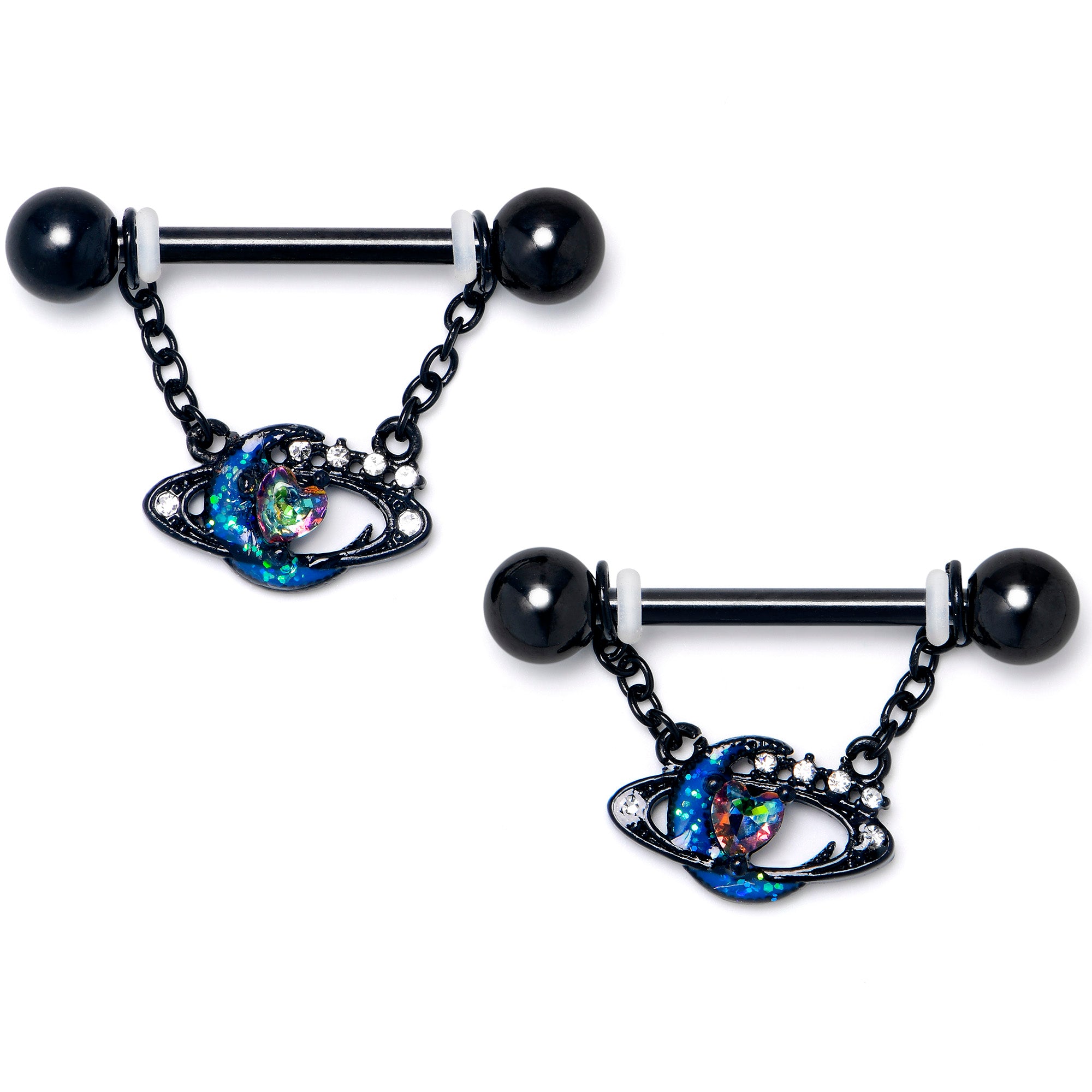 14G 9/16 Aurora Gem Black Saturn Space Moon Dangle Nipple Ring Set