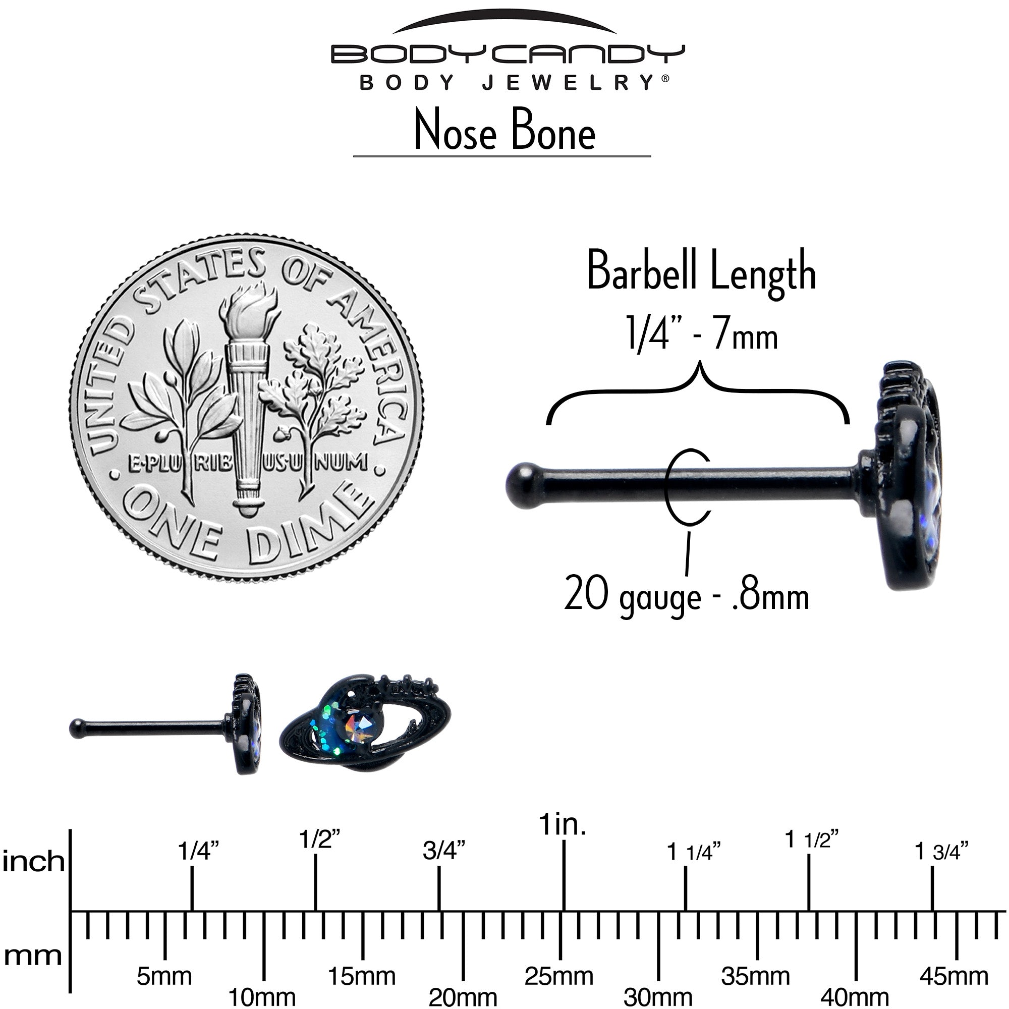 20G 7mm Aurora Gem Black Saturn Space Moon Nose Bone