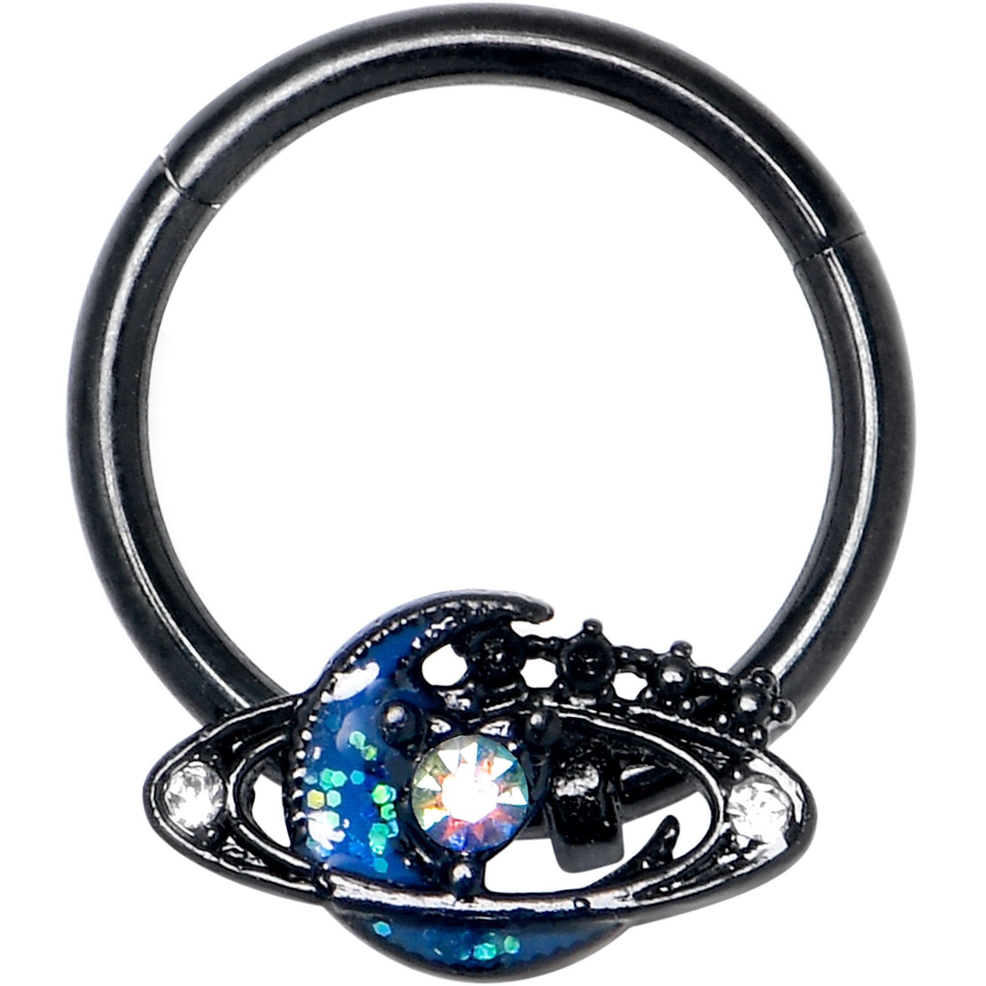 16G 3/8 Aurora Gem Black Saturn Space Moon Hinged Segment Ring
