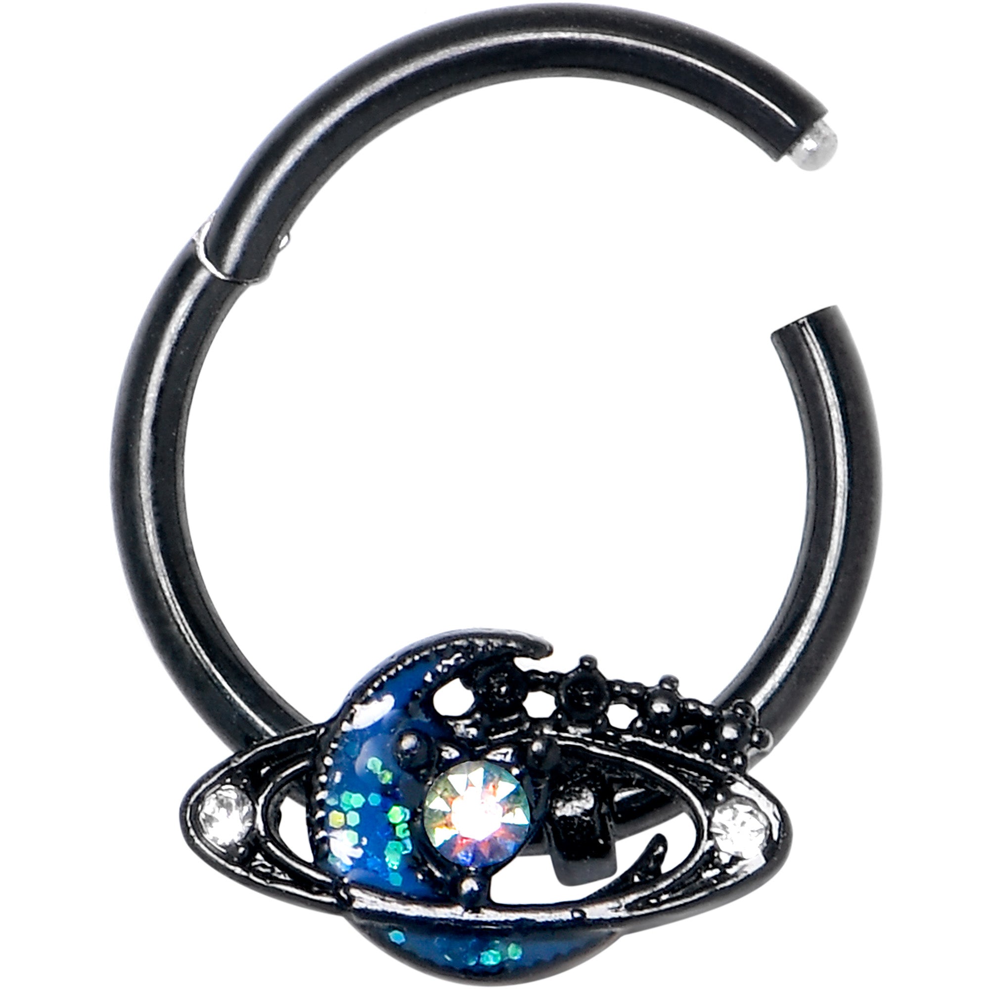 16G 3/8 Aurora Gem Black Saturn Space Moon Hinged Segment Ring