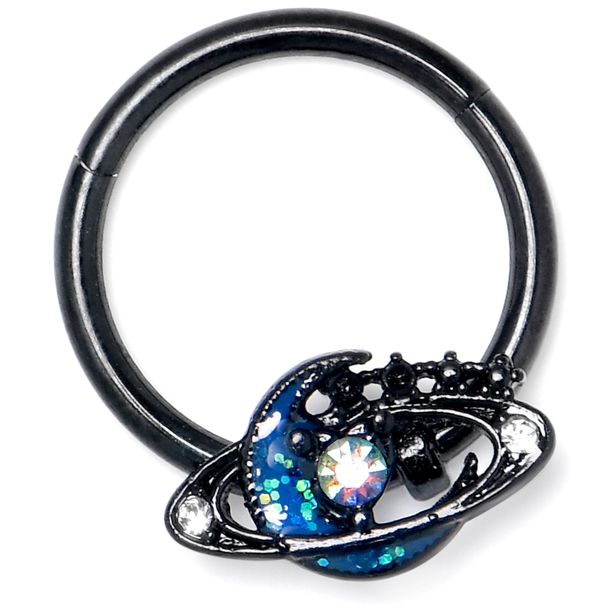 16G 3/8 Aurora Gem Black Saturn Space Moon Hinged Segment Ring
