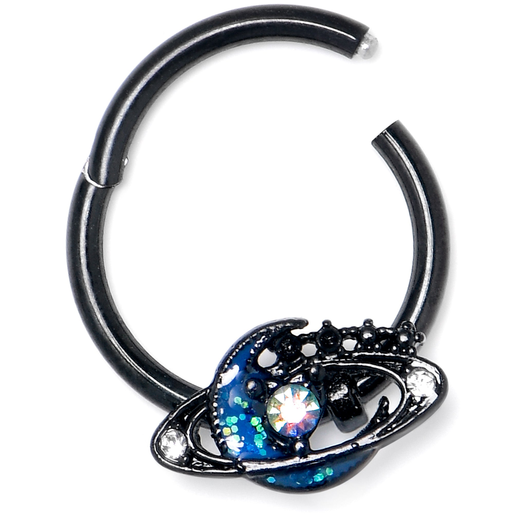 16G 3/8 Aurora Gem Black Saturn Space Moon Hinged Segment Ring