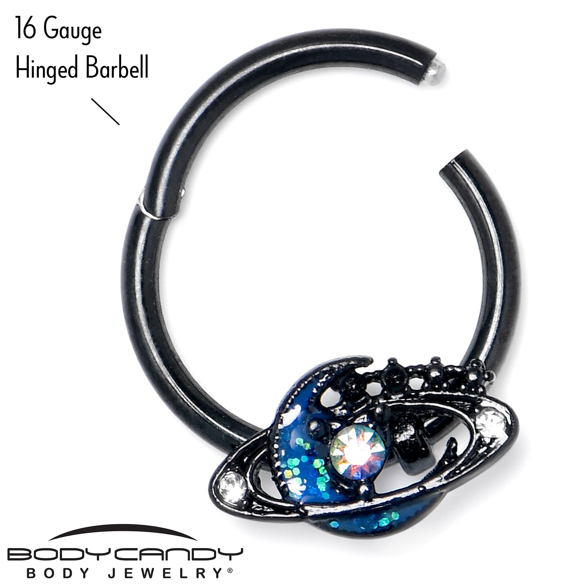 16G 3/8 Aurora Gem Black Saturn Space Moon Hinged Segment Ring