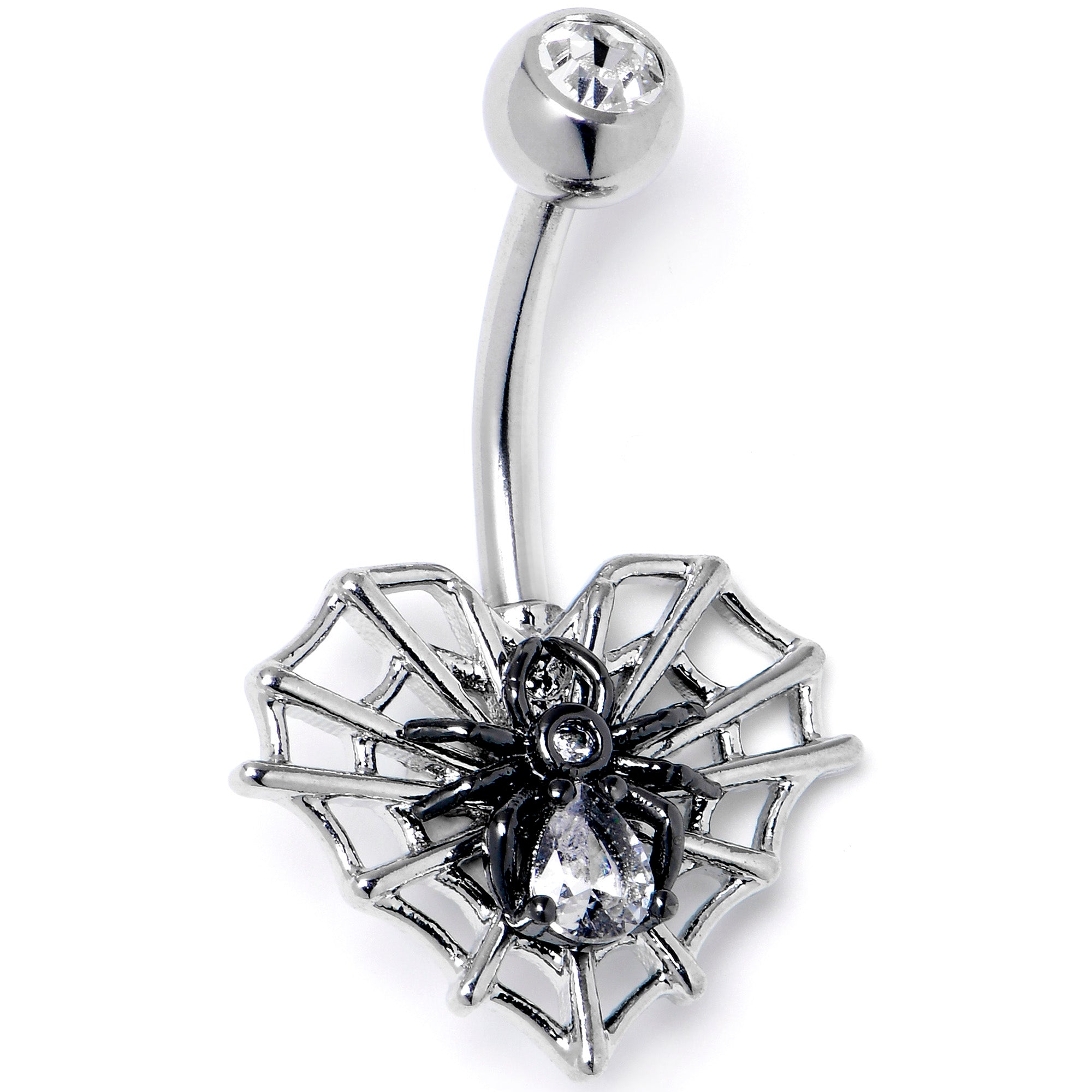 Clear CZ Gem Web Heart Black Spider Belly Ring