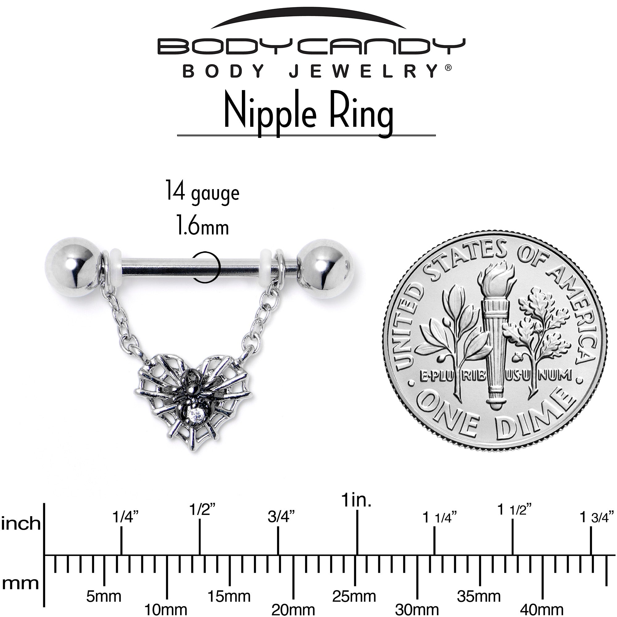 14 Gauge 9/16 Clear CZ Gem Heart of Spider Chain Dangle Nipple Ring Set