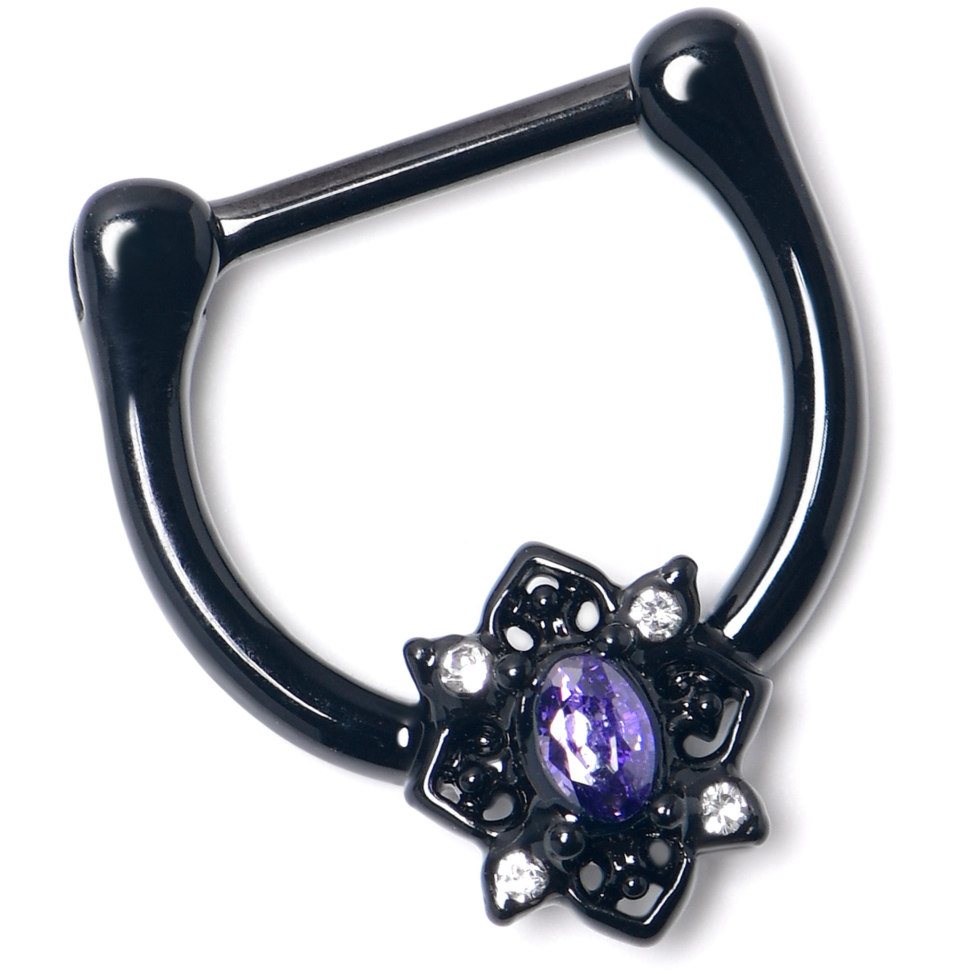 16G 5/16 Purple Gem Black Scrolling Hearts Cartilage Clicker