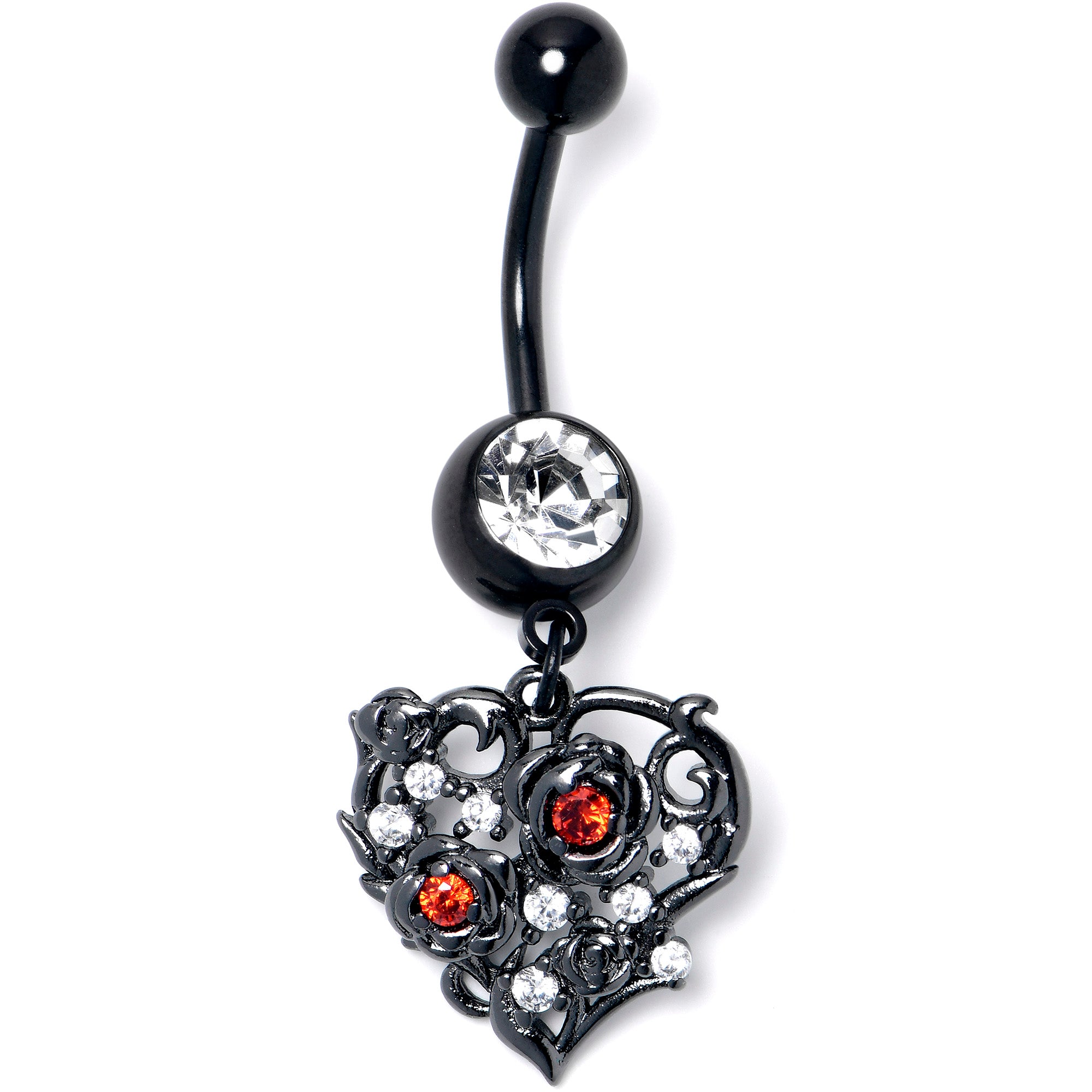 Clear Red CZ Gem Black Heart Floral Dangle Belly Ring