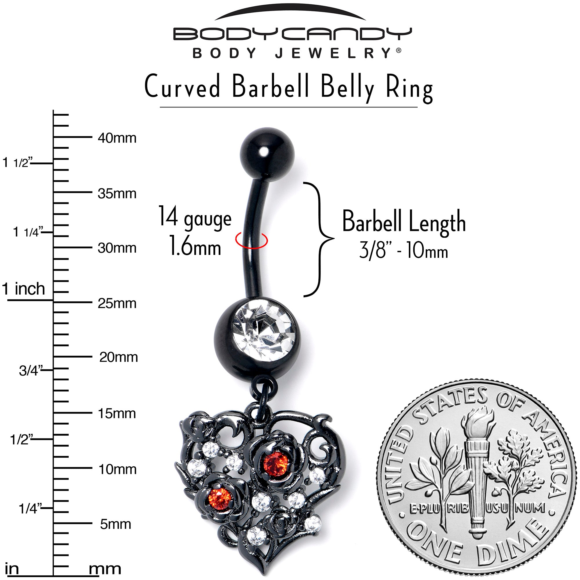 Clear Red CZ Gem Black Heart Floral Dangle Belly Ring