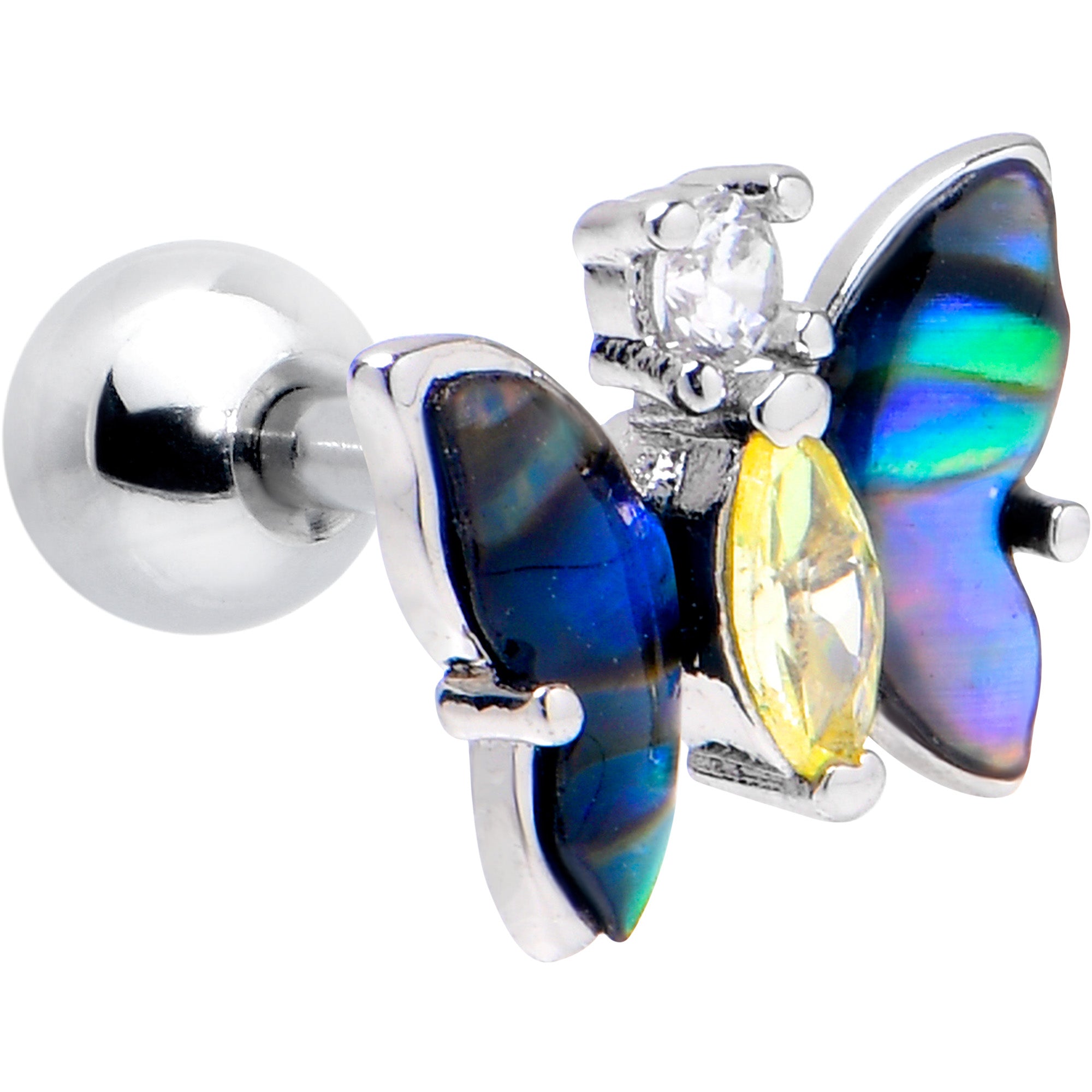 16G 1/4 Clear Yellow Gem Dark Butterfly Cartilage Tragus Earring