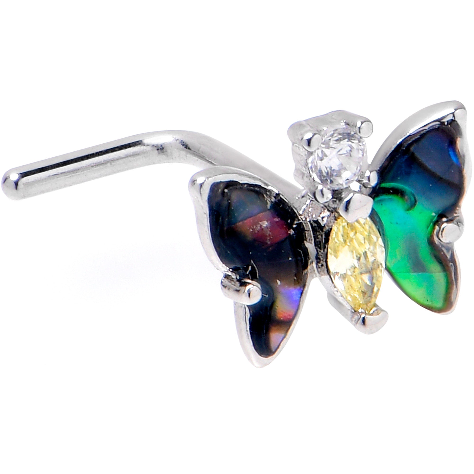 20G 7mm Yellow Clear Gem Dark Butterfly L Shape Nose Ring