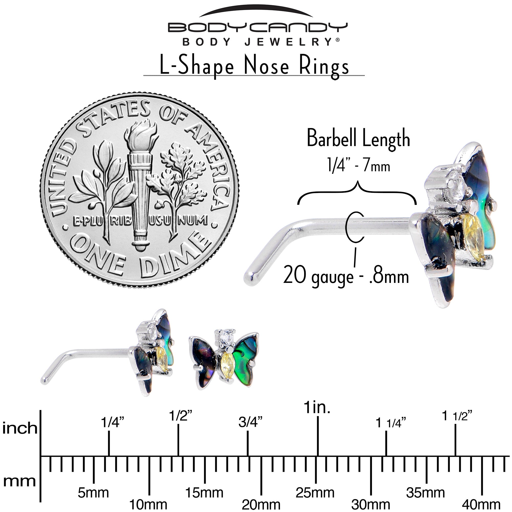 20G 7mm Yellow Clear Gem Dark Butterfly L Shape Nose Ring