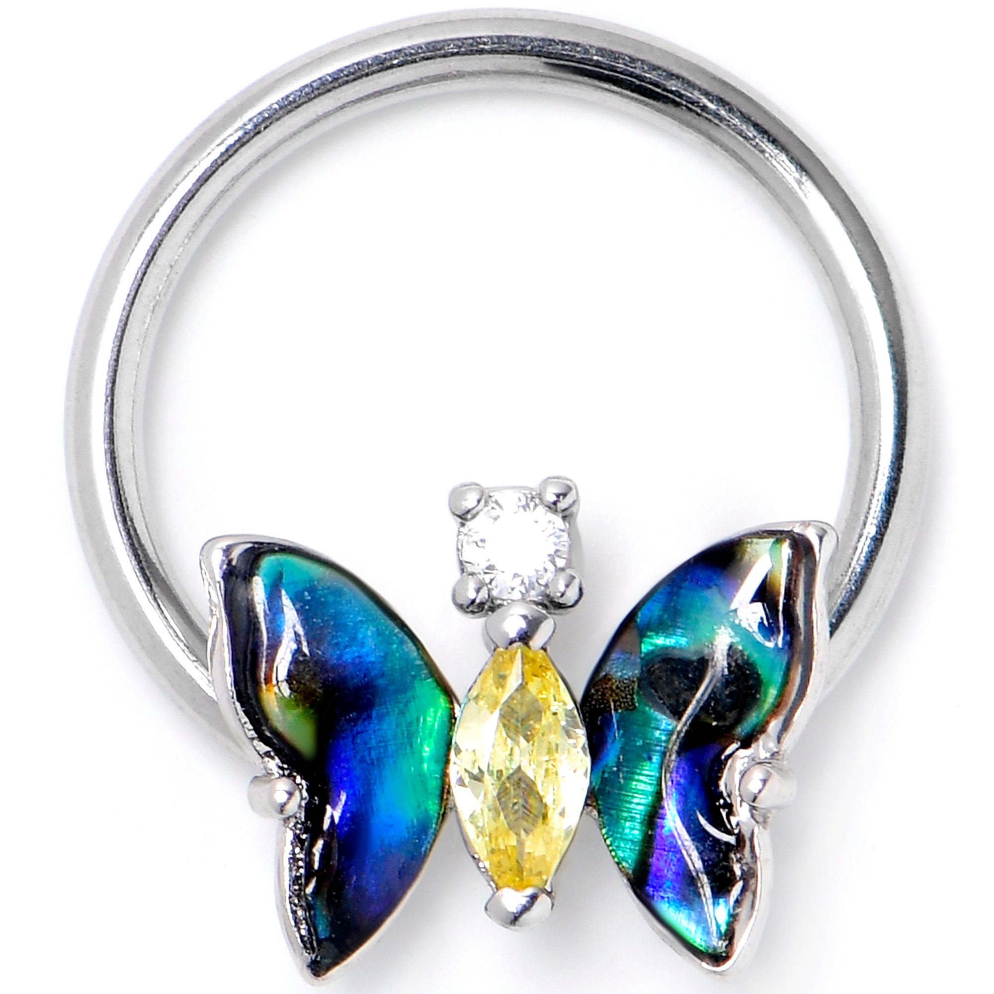 16G 3/8 Yellow Clear Gem Dark Butterfly BCR Captive Ring