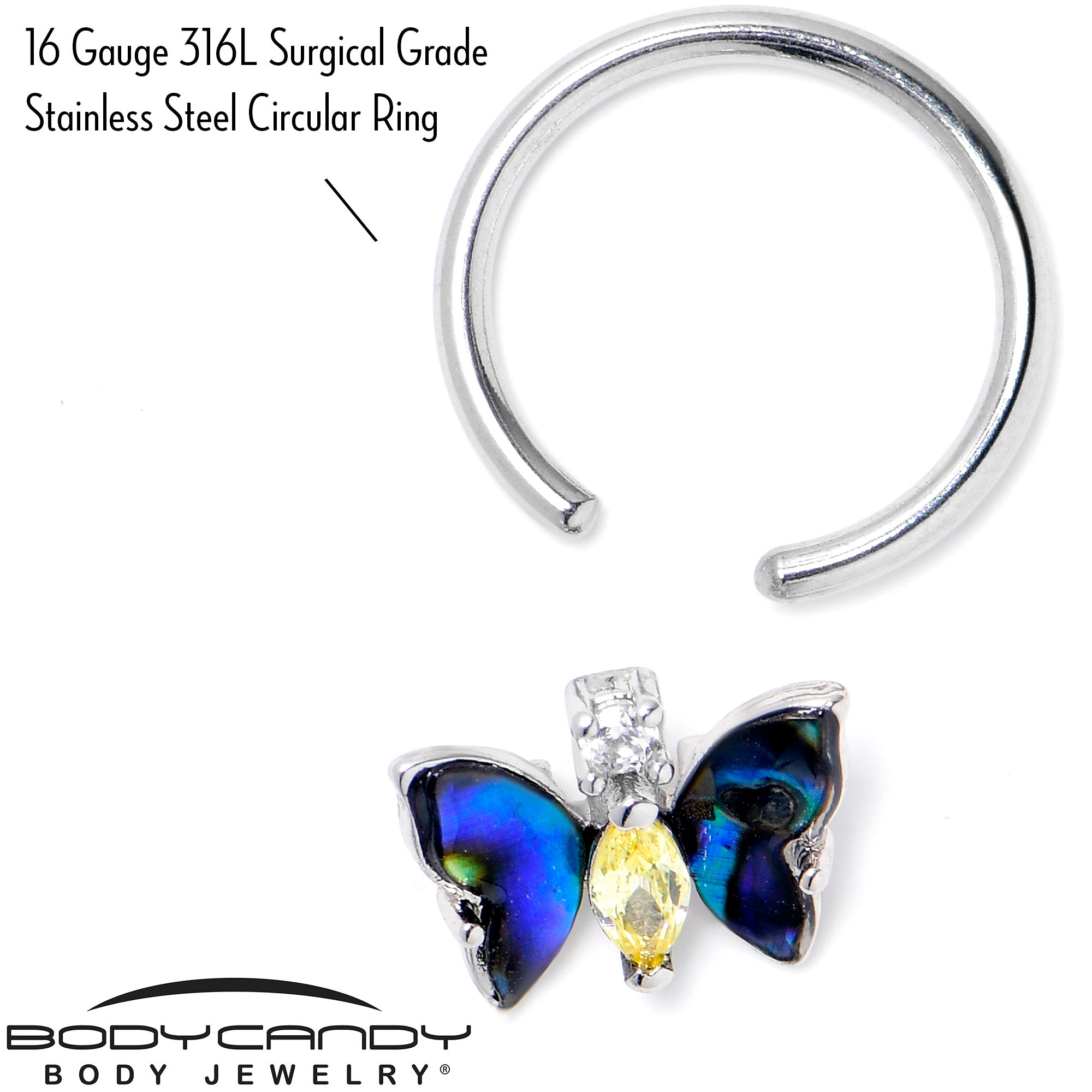 16 Gauge 3/8 Yellow Clear Gem Dark Butterfly BCR Captive Ring