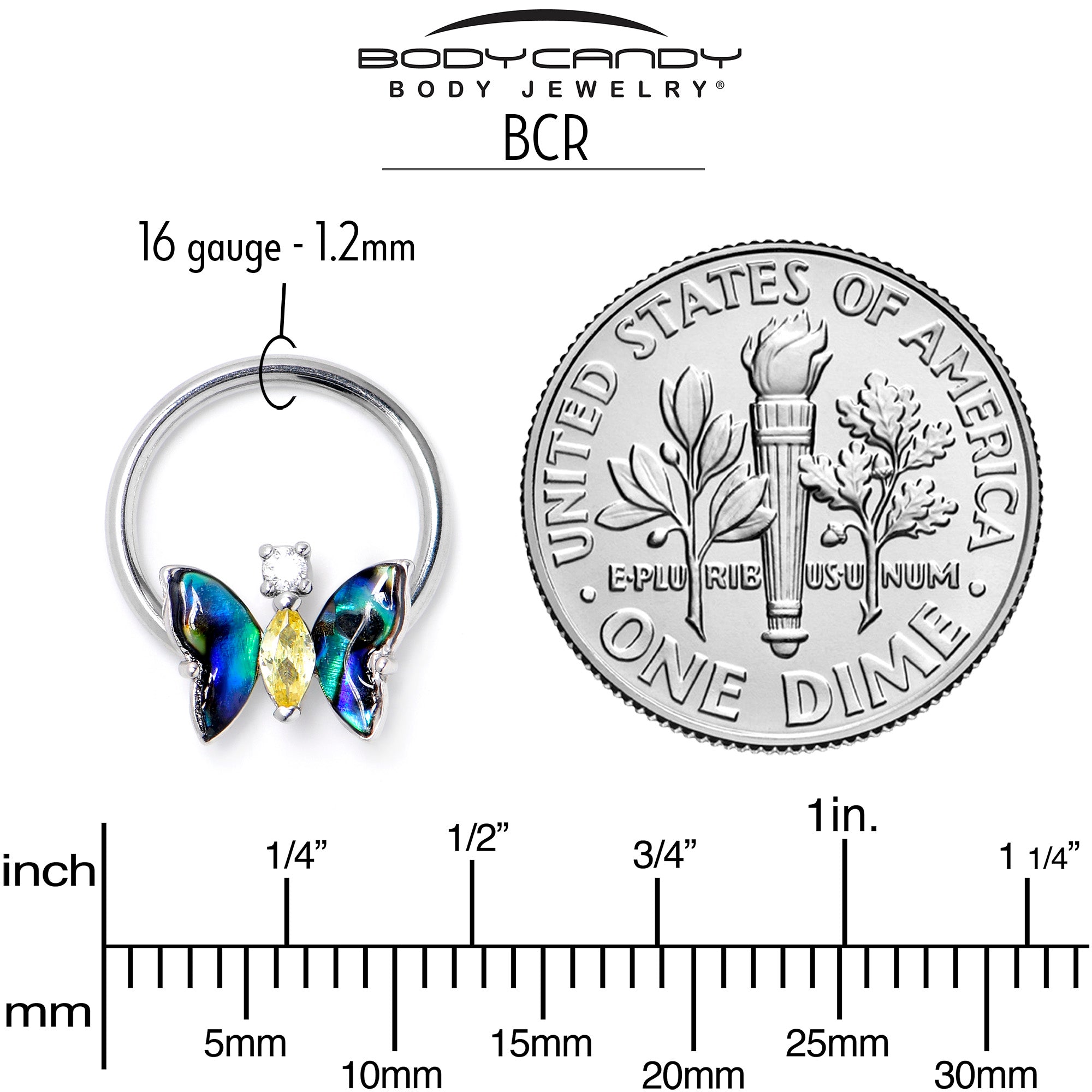 16G 3/8 Yellow Clear Gem Dark Butterfly BCR Captive Ring