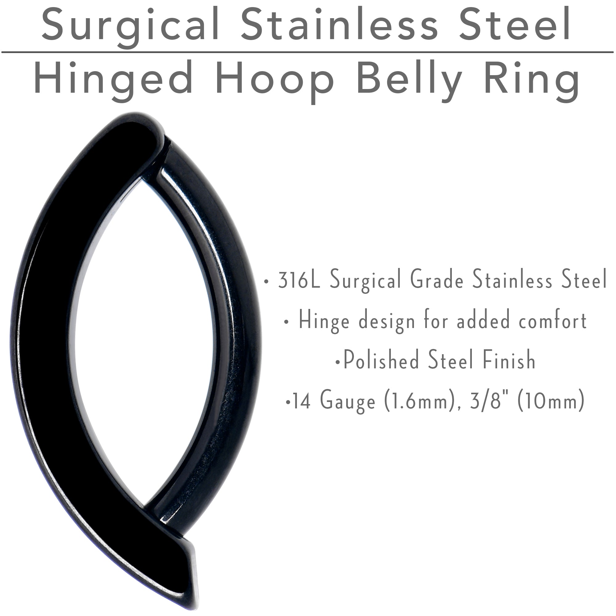 14G 3/8 Black 316L Surgical Steel Smooth Style Hinged Hoop Belly Ring