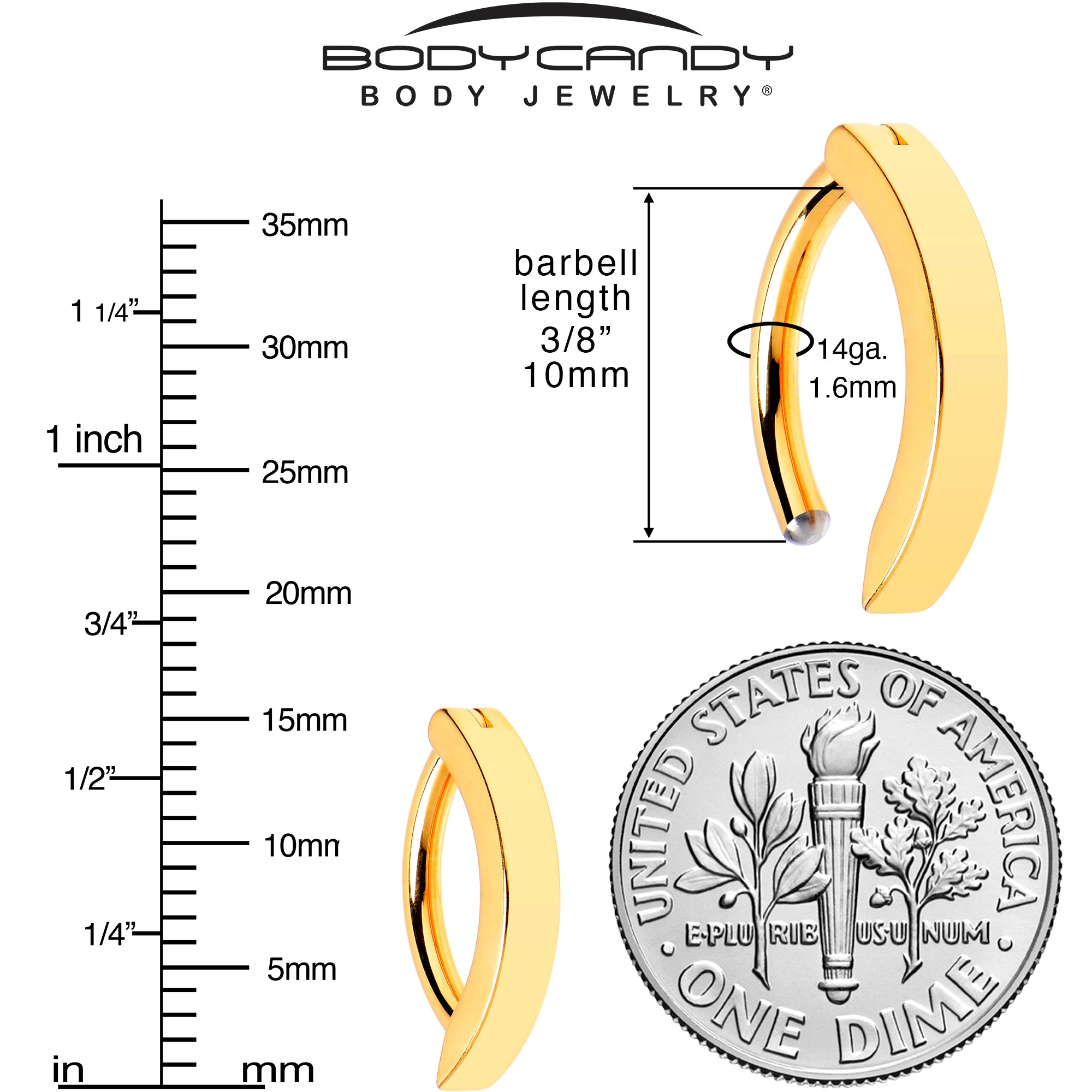 14G 3/8 Gold Tone 316L Surgical Steel Hinged Hoop Belly Ring