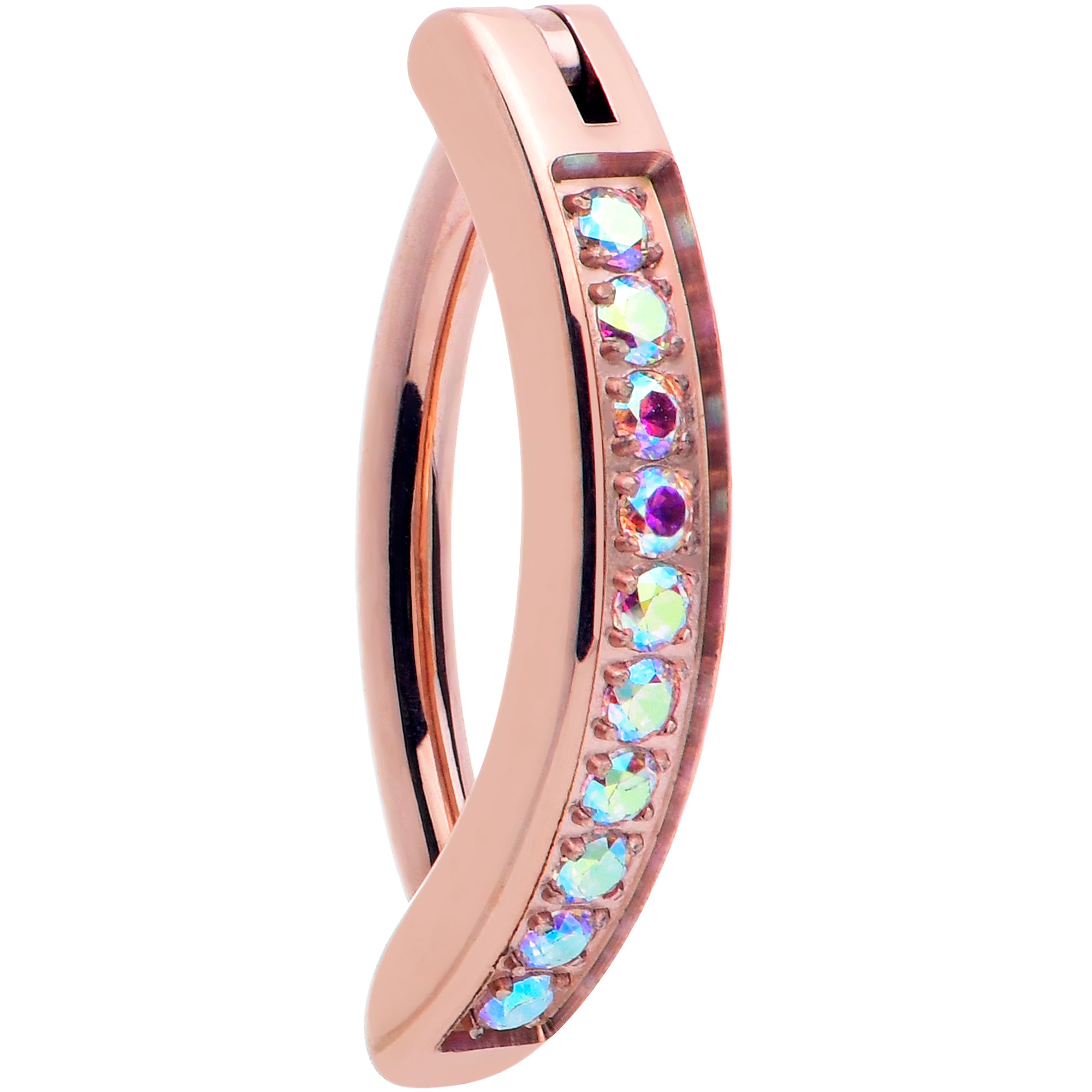 14G 3/8 Rose Implant Grade Titanium CZ Paved Hinged Hoop Belly Ring