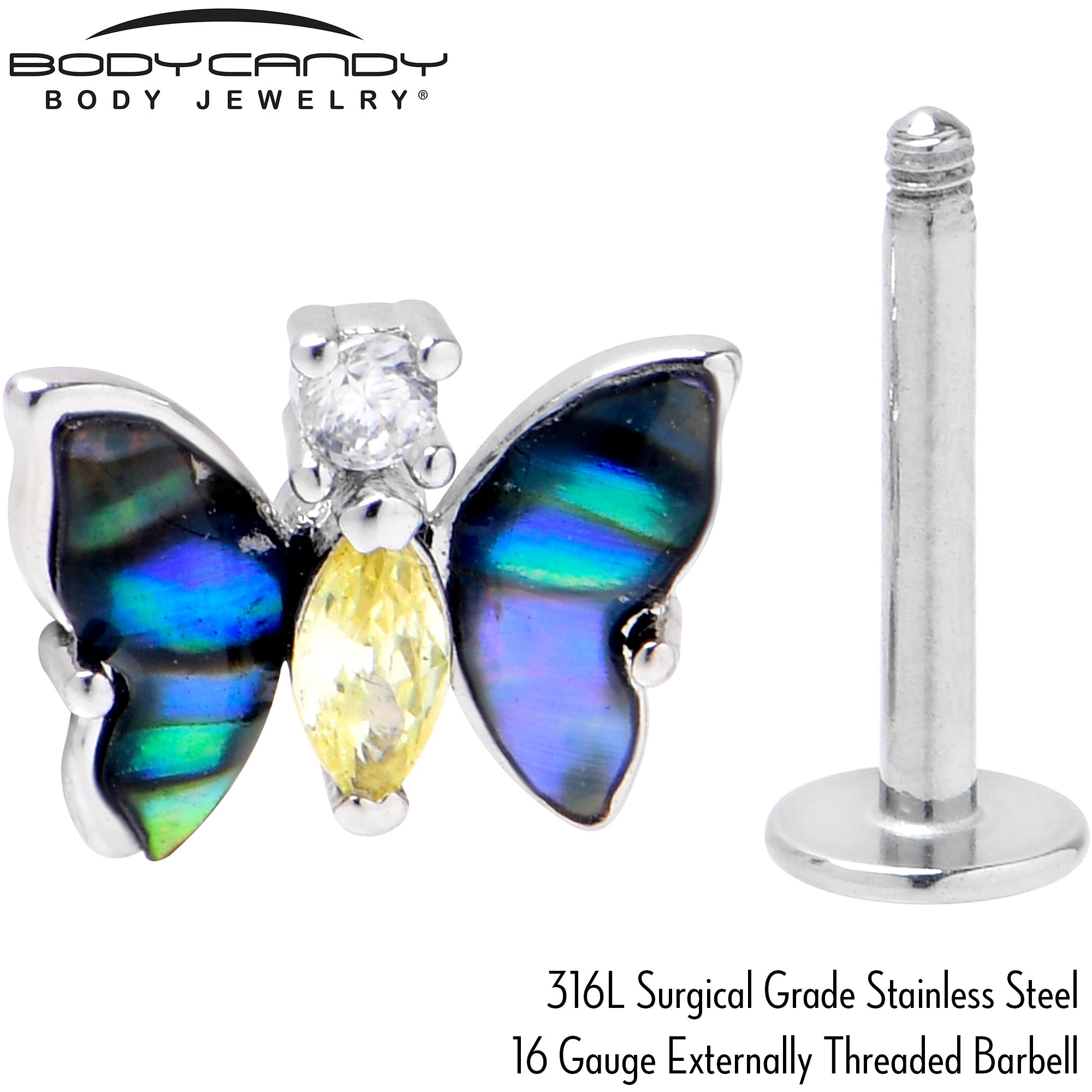16G 5/16 Yellow Clear Gem Dark Butterfly Labret Monroe Tragus