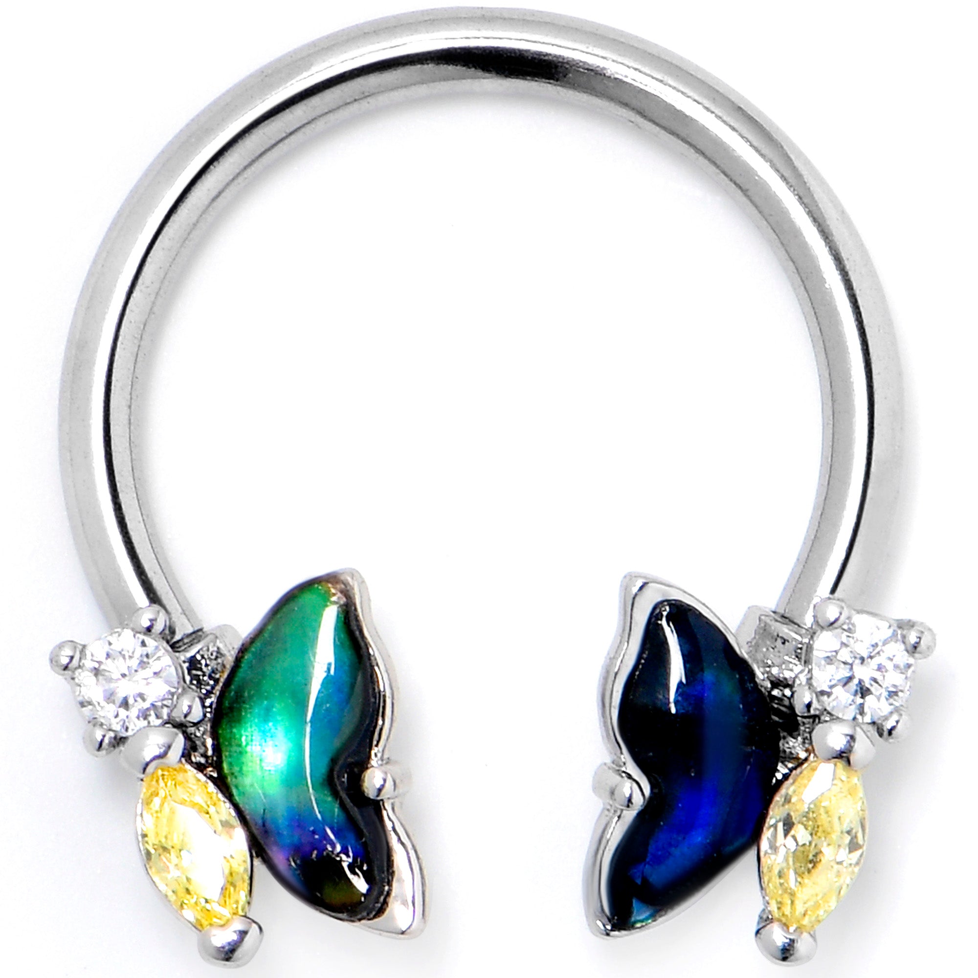 16G 3/8 Yellow Clear Gem Dark Butterfly Horseshoe Circular Barbell