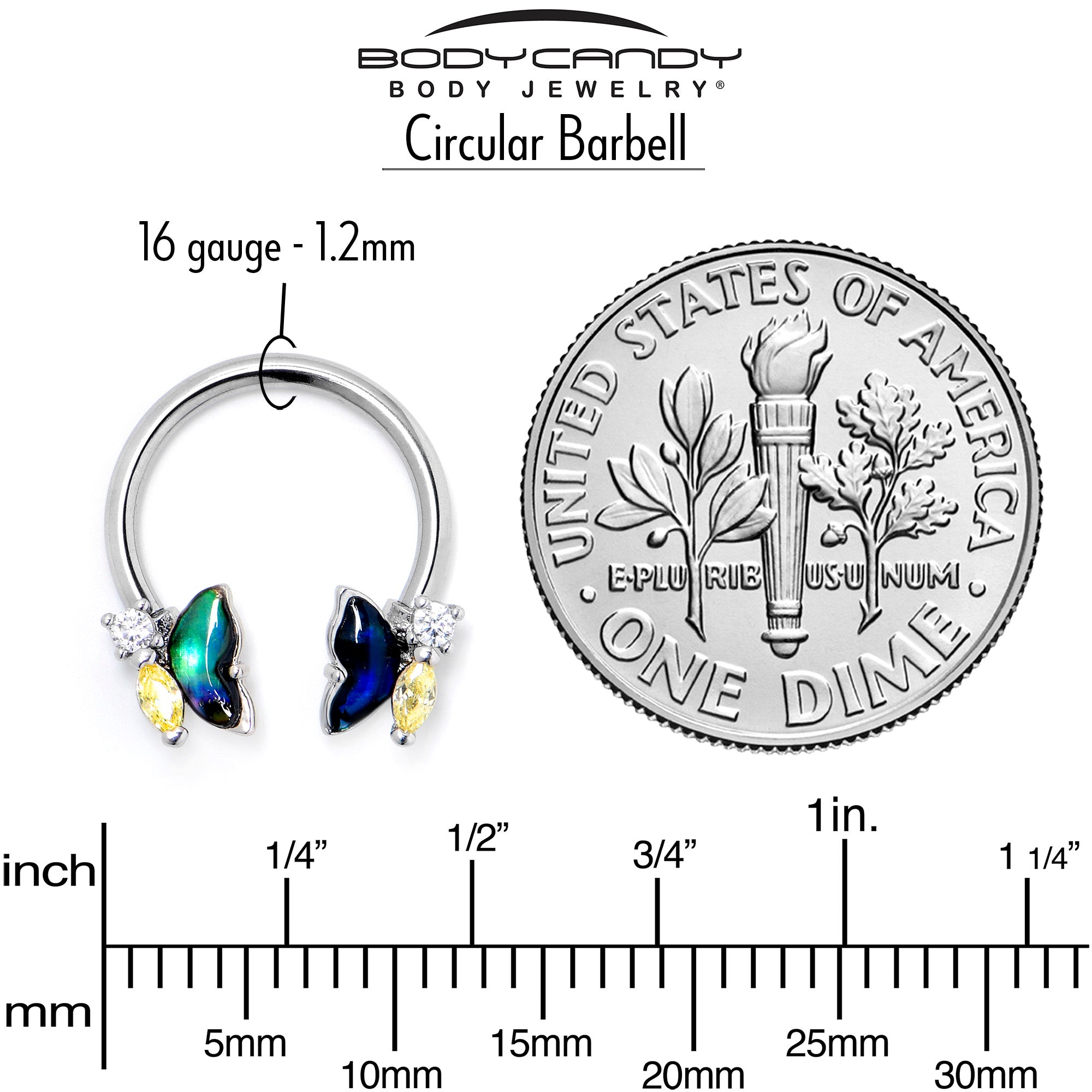 16G 3/8 Yellow Clear Gem Dark Butterfly Horseshoe Circular Barbell