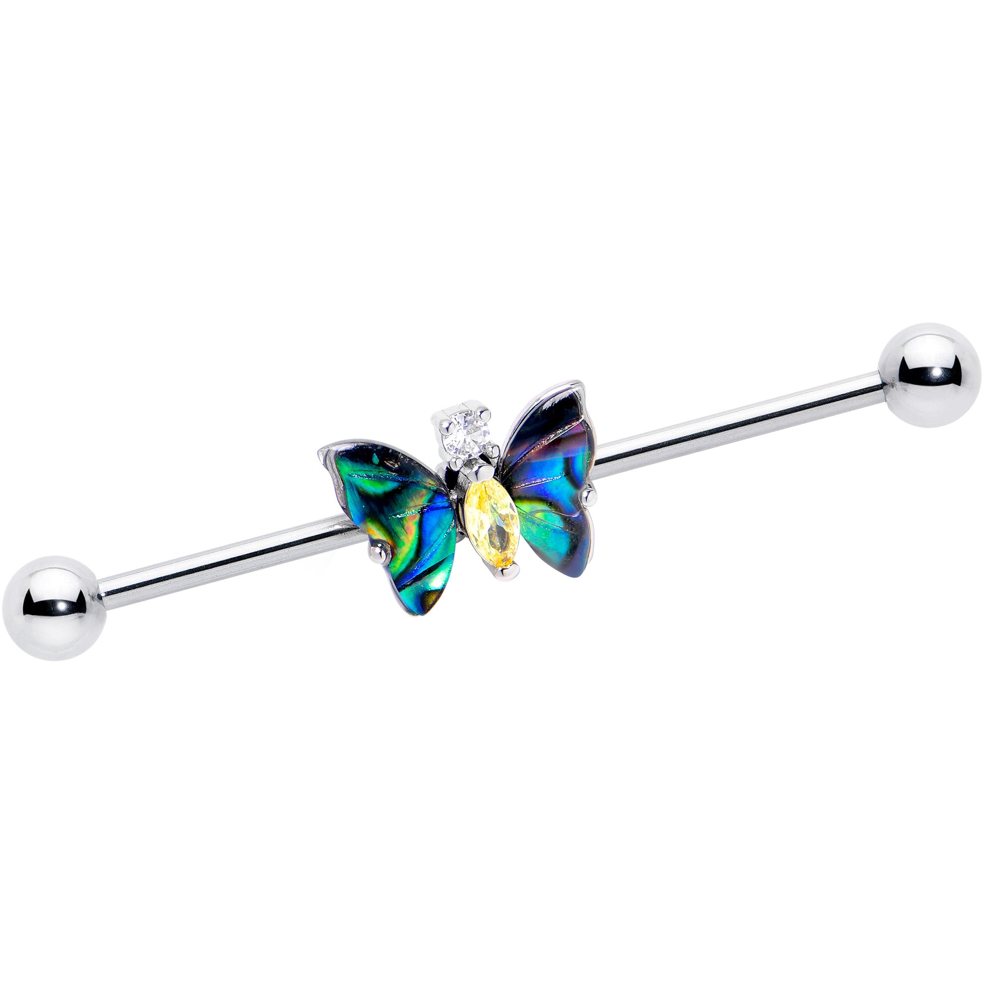 14G Yellow Clear Gem Dark Butterfly Industrial Barbell 38mm