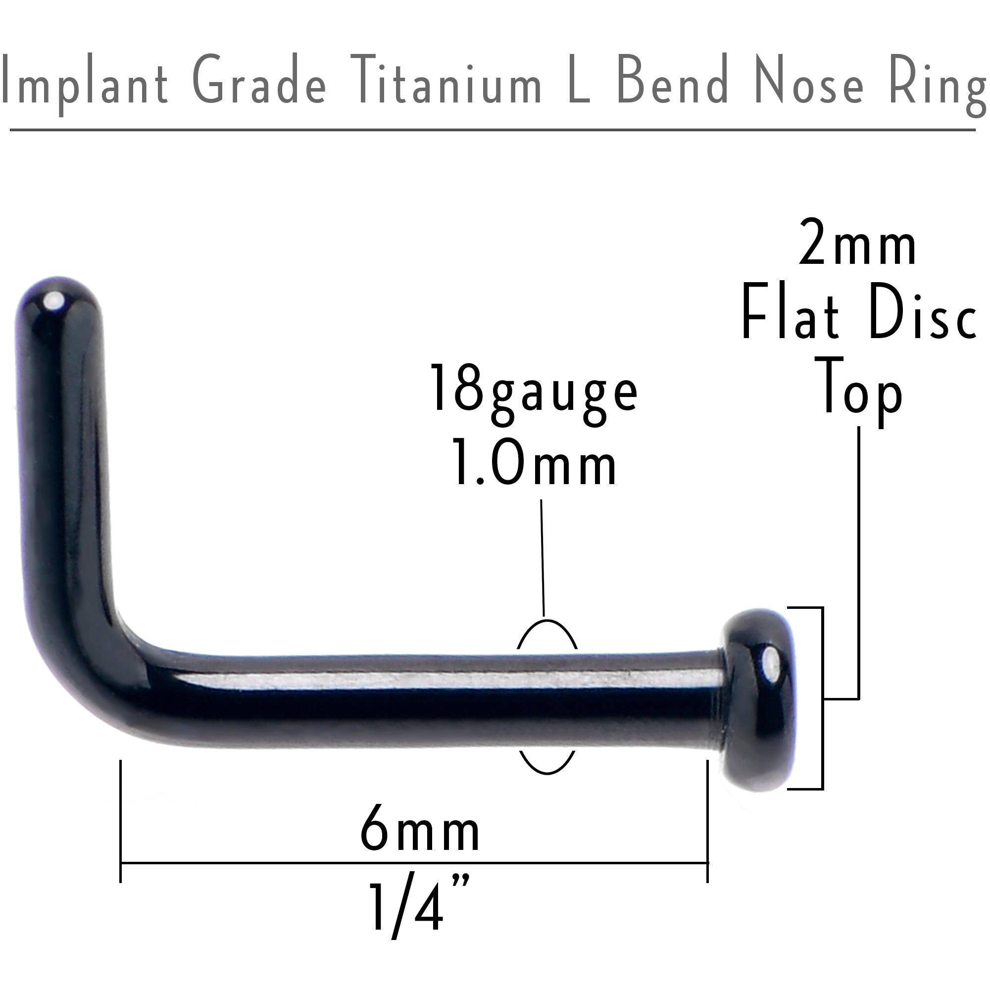 18G 1/4 Black ASTM F-136 Implant Grade Titanium 2mm Disc End L Shape Nose Ring