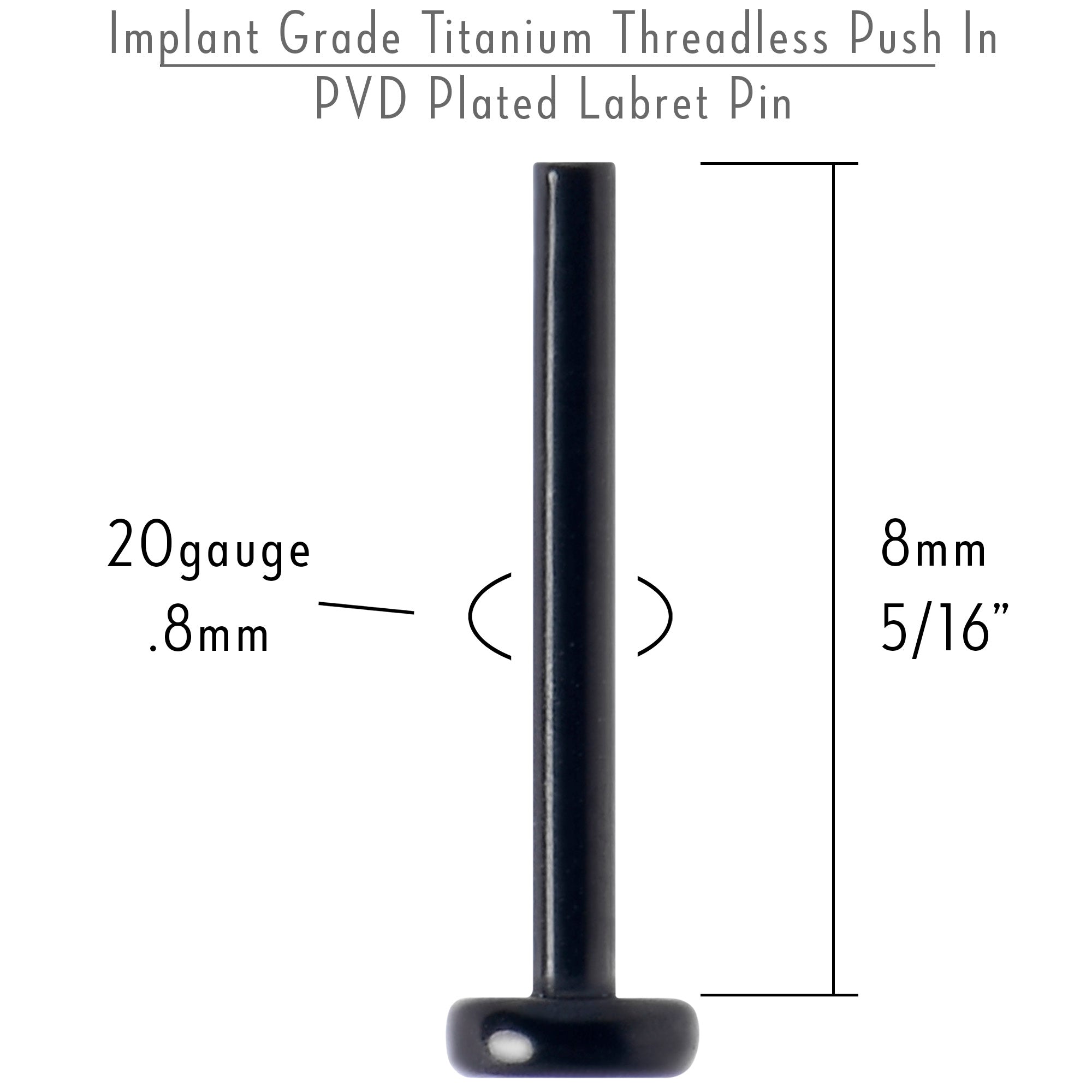 20G 5/16 Black ASTM F-136 Implant Grade Titanium Threadless Post Only Labret