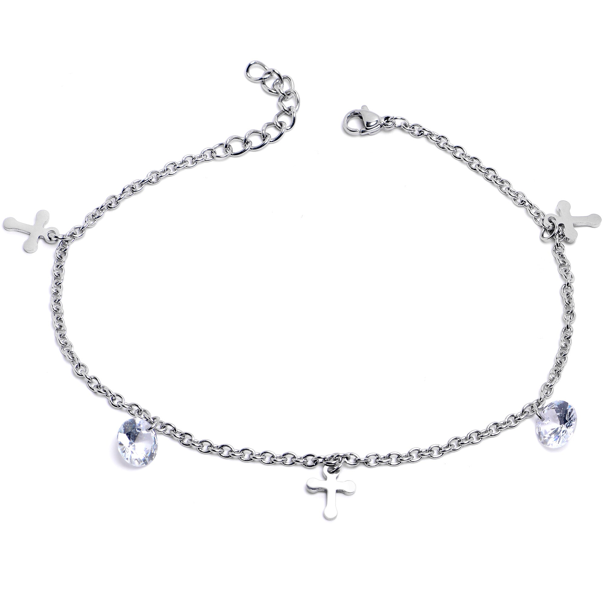 Clear CZ Gem Cross Dangle Steel Ankle Bracelet