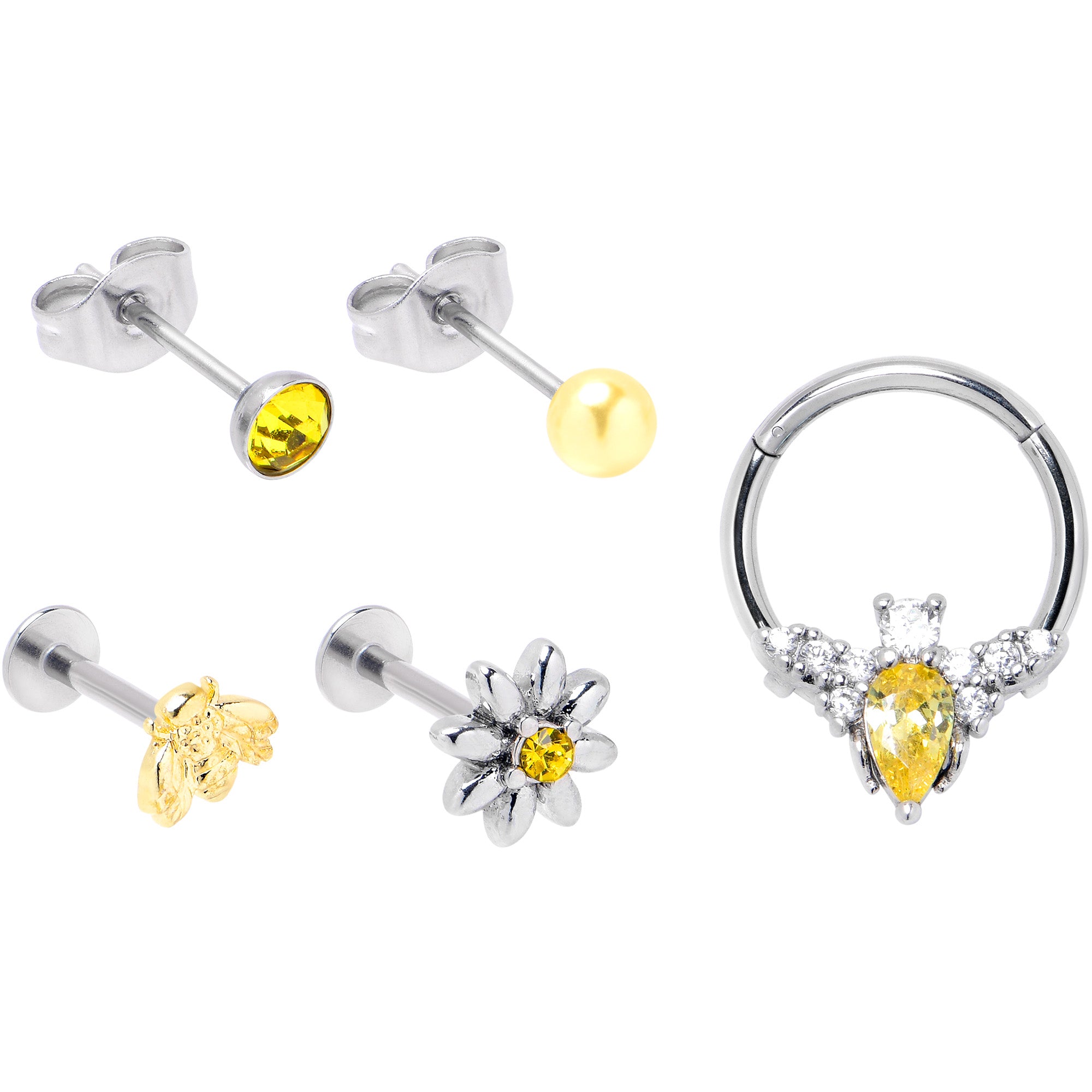 16G Yellow Gem Bee Flower Labret Segment Ring Ear Curation Set of 5