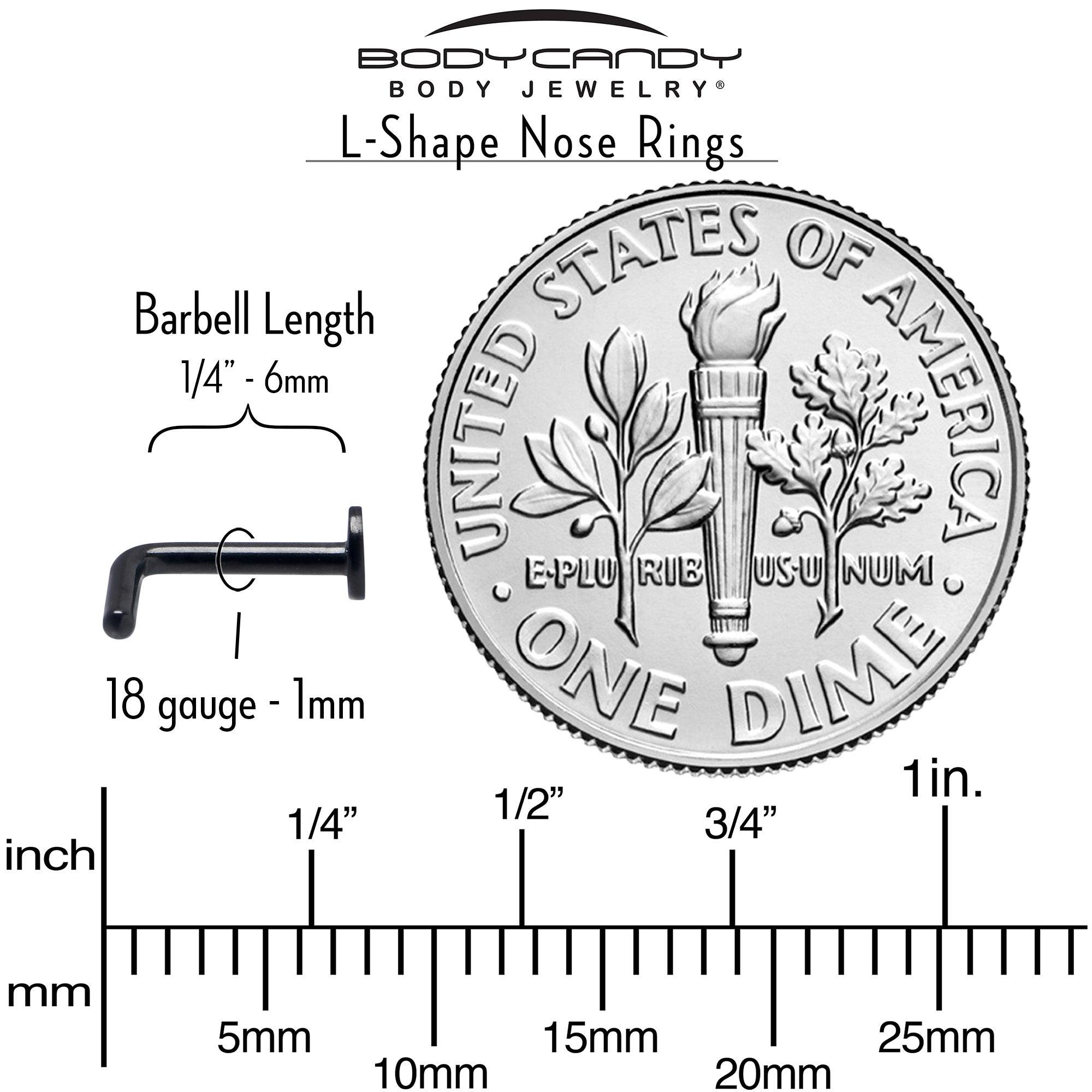 18G 1/4 Black ASTM F-136 Implant Grade Titanium Moon End L Shape Nose Ring