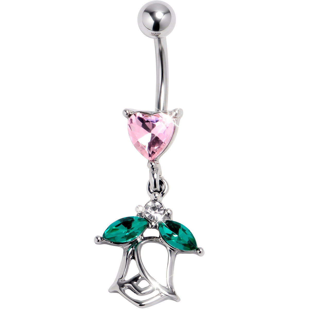 Pink Gem Heart And Rose Dangle Belly Ring