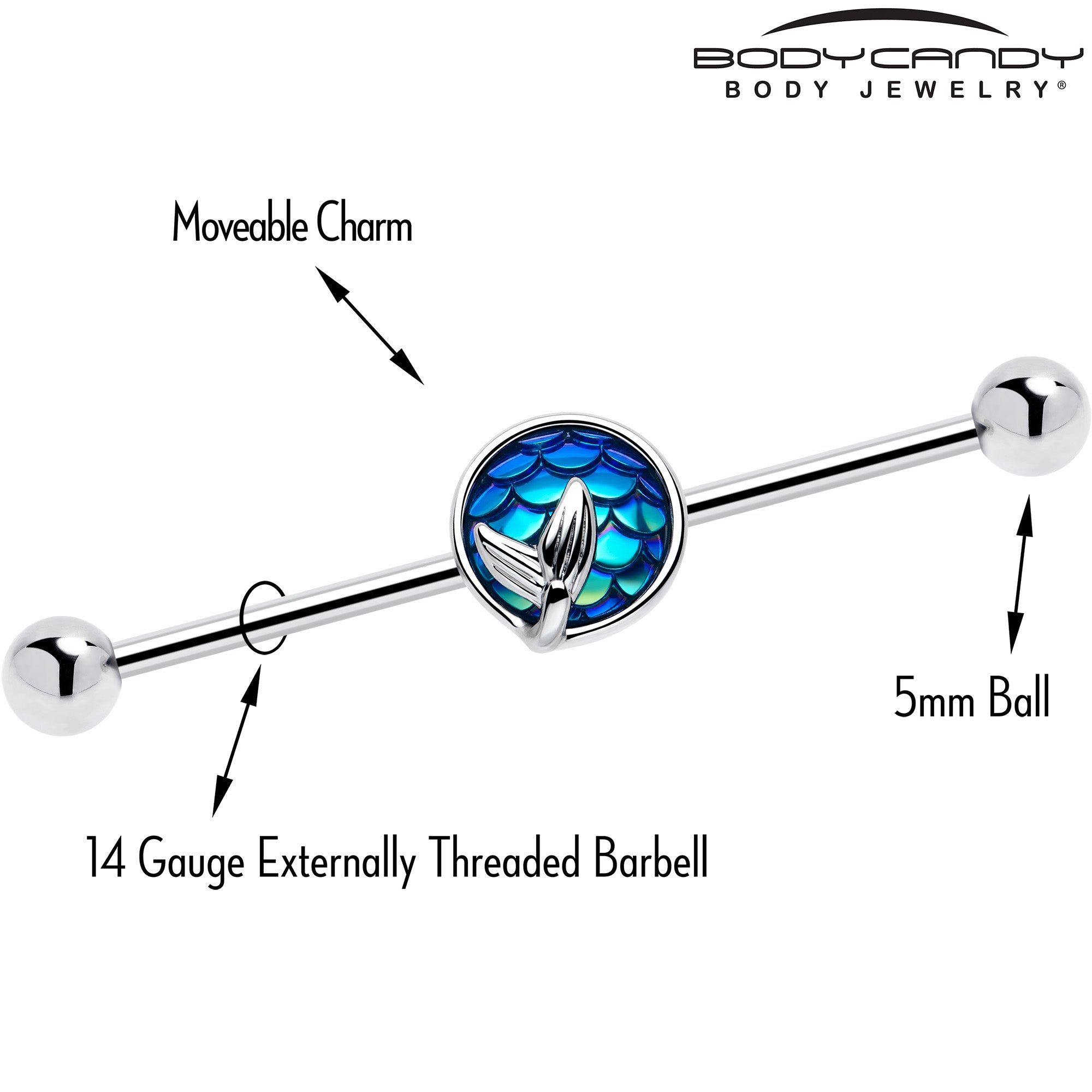 14G Mermaid Dark Blue Scale Tail Industrial Barbell 38mm