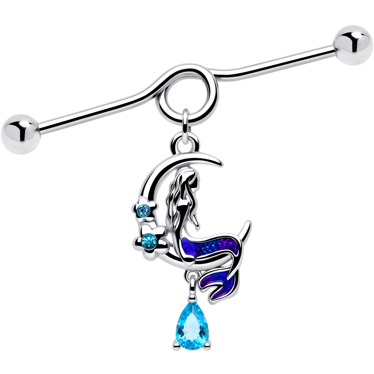 14G Blue Gem Floral Mermaid Moon Dangle Project Bar 38mm
