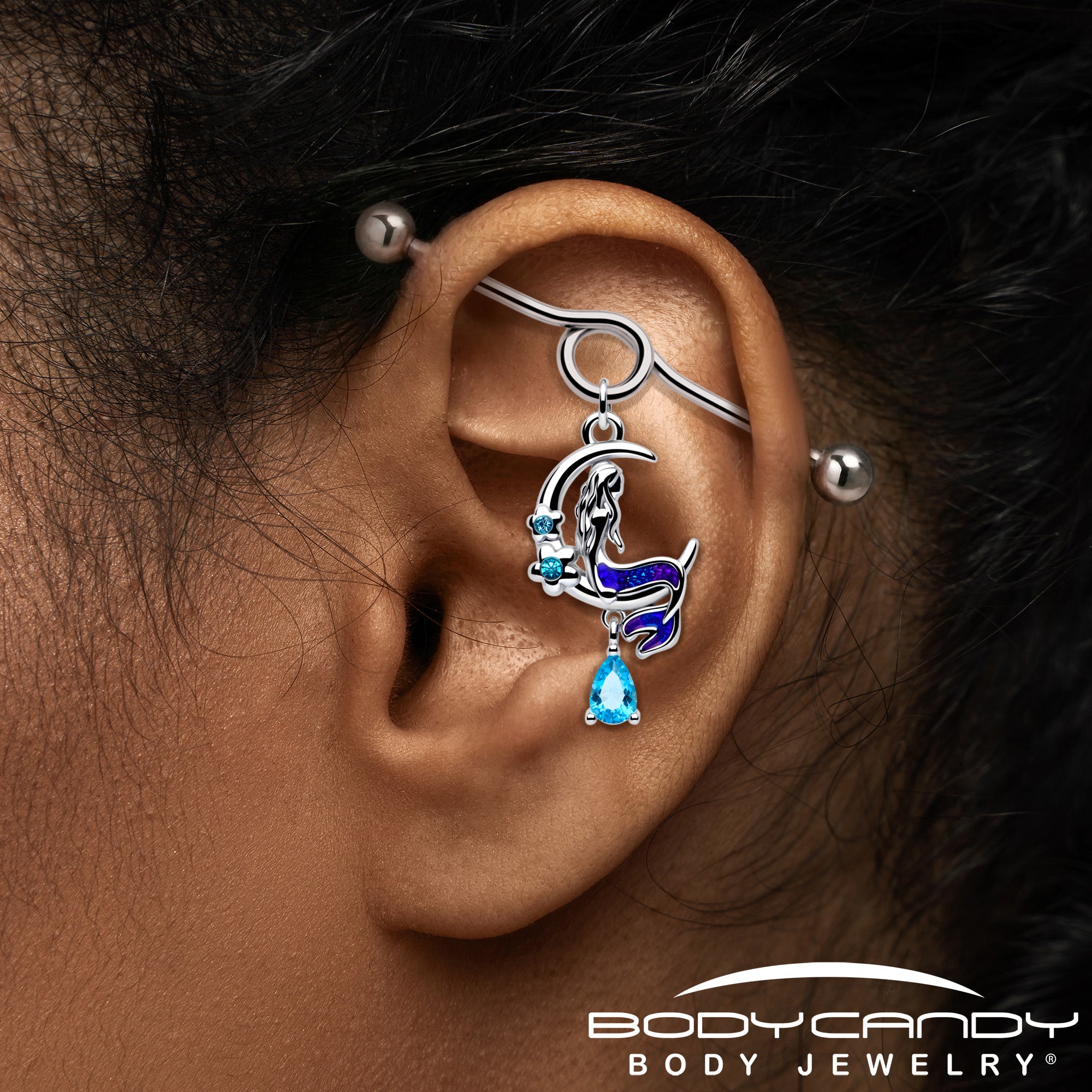 14G Blue Gem Floral Mermaid Moon Dangle Project Bar 38mm