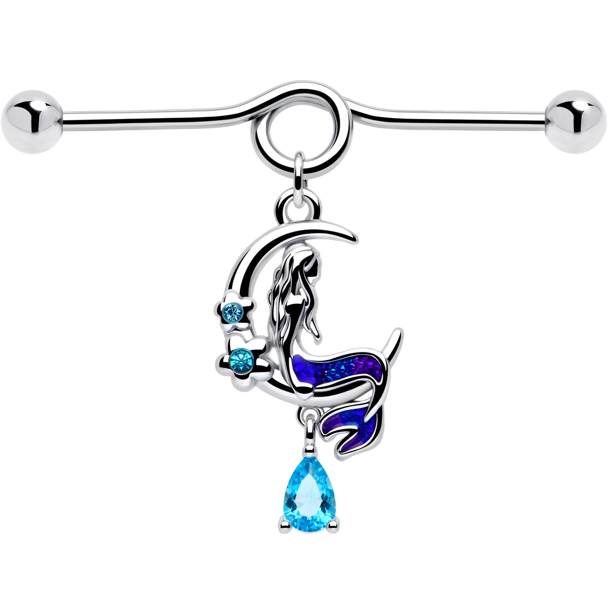 14G Blue Gem Floral Mermaid Moon Dangle Project Bar 38mm